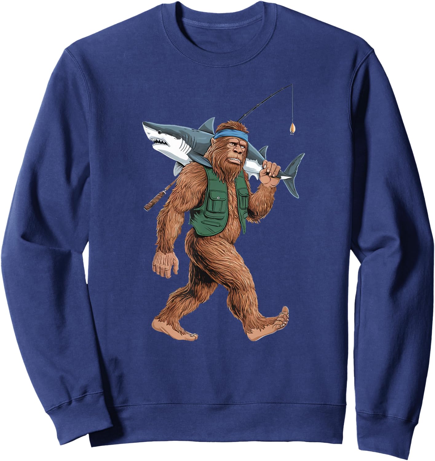 Bigfoot Fisherman Shirt - Funny Sasquatch With Shark Sweatshirt - Sweatshirt | Navy