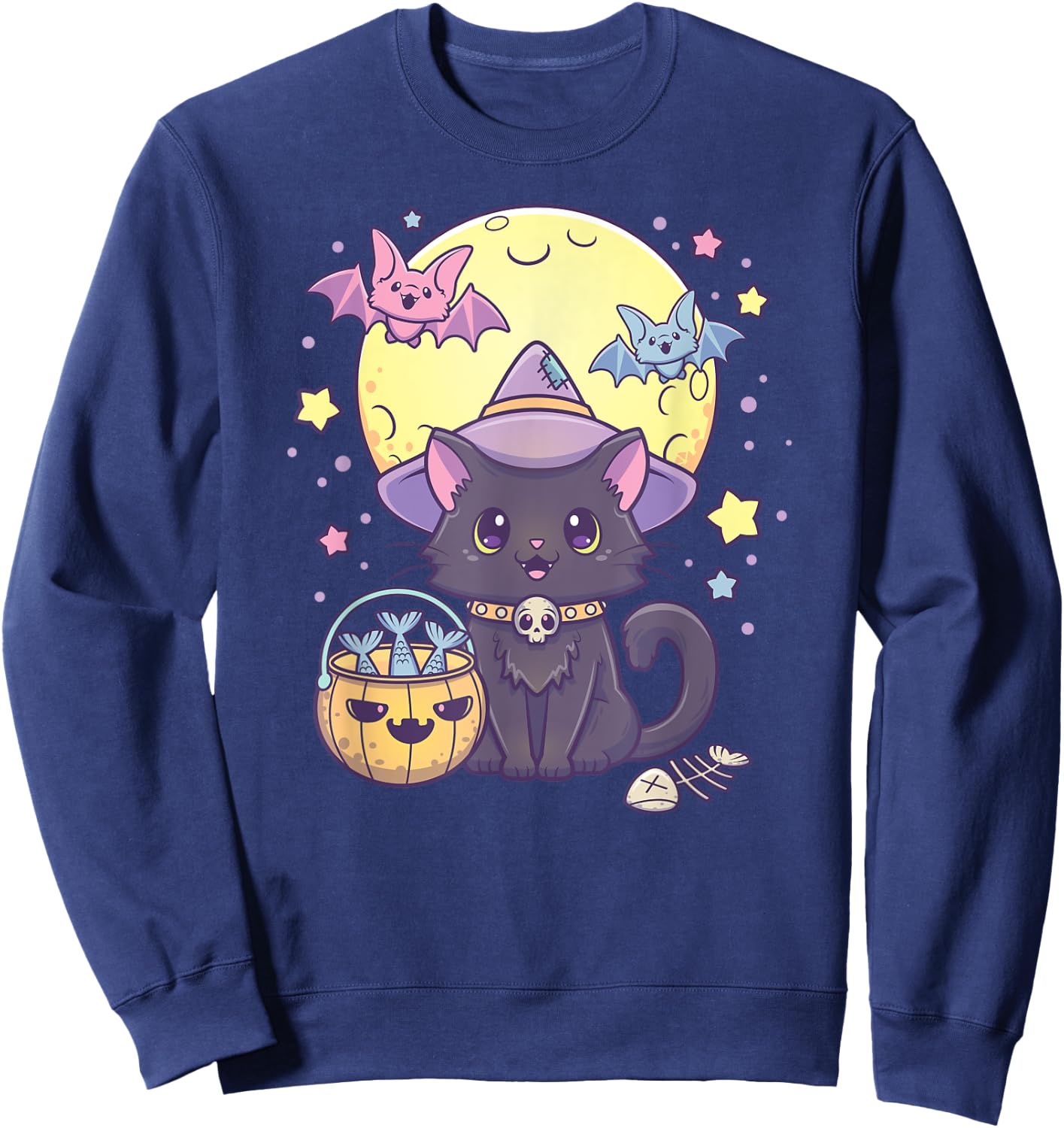 Kawaii Pastel Goth Cute Creepy Halloween Black Cat Witch Hat Men Women Kids Sweatshirt - Sweatshirt | Navy