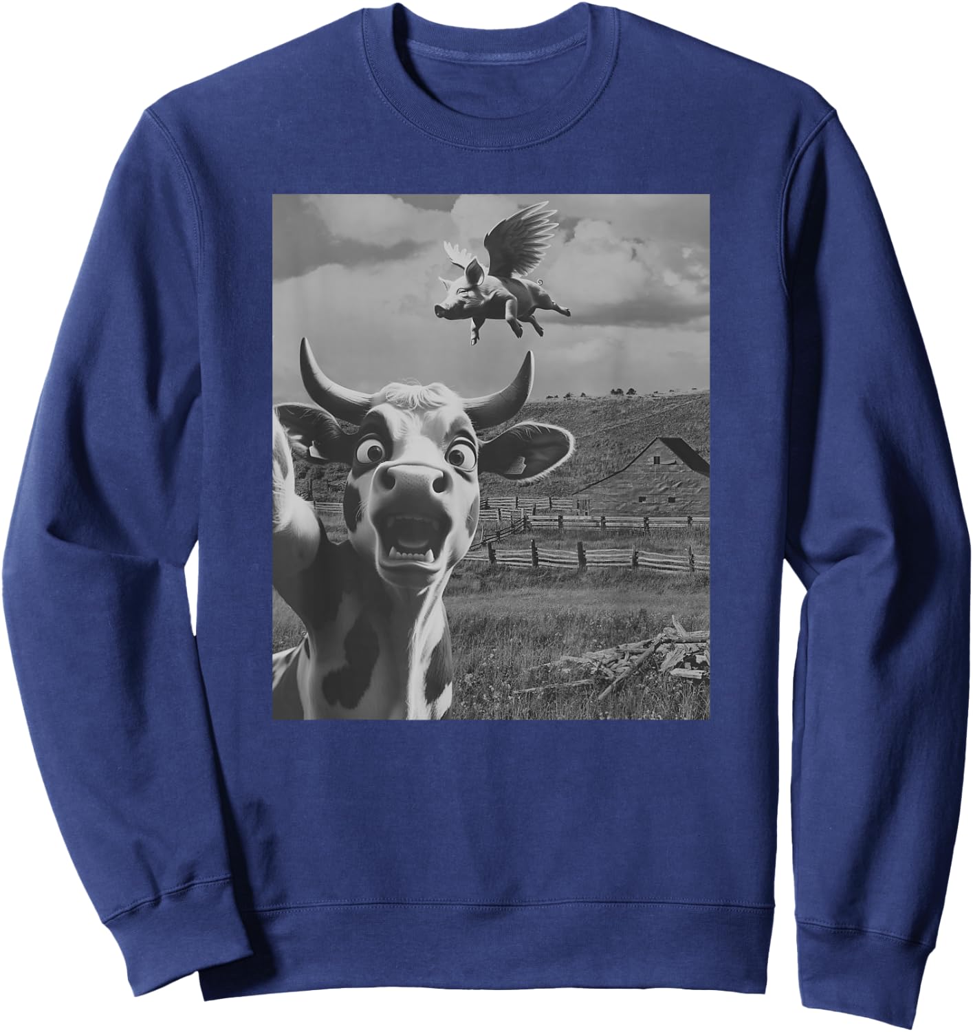 Cow Selfie With Flying Pigs Fly Funny Gift Women Kid Sweatshirt - Sweatshirt | Navy