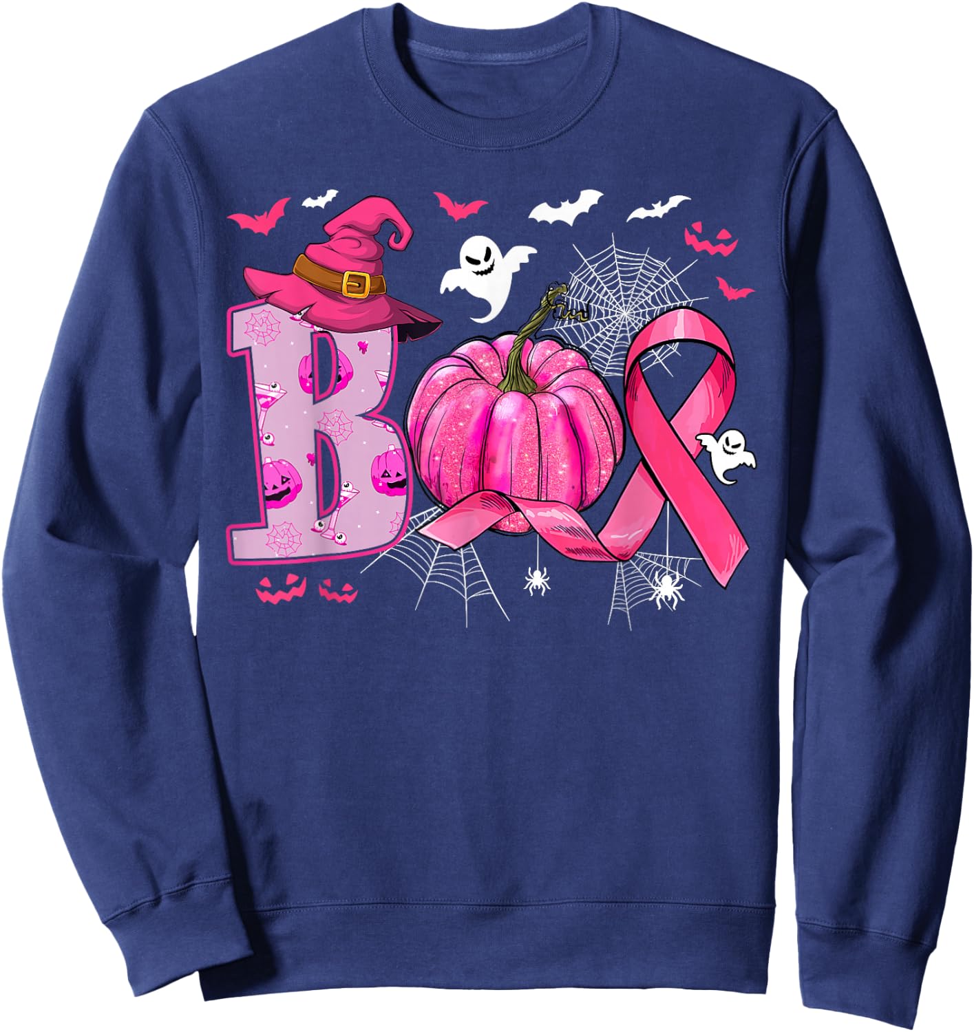 Breast Cancer Awareness Boo Ghost Halloween Women Kids Sweatshirt - Sweatshirt | Navy
