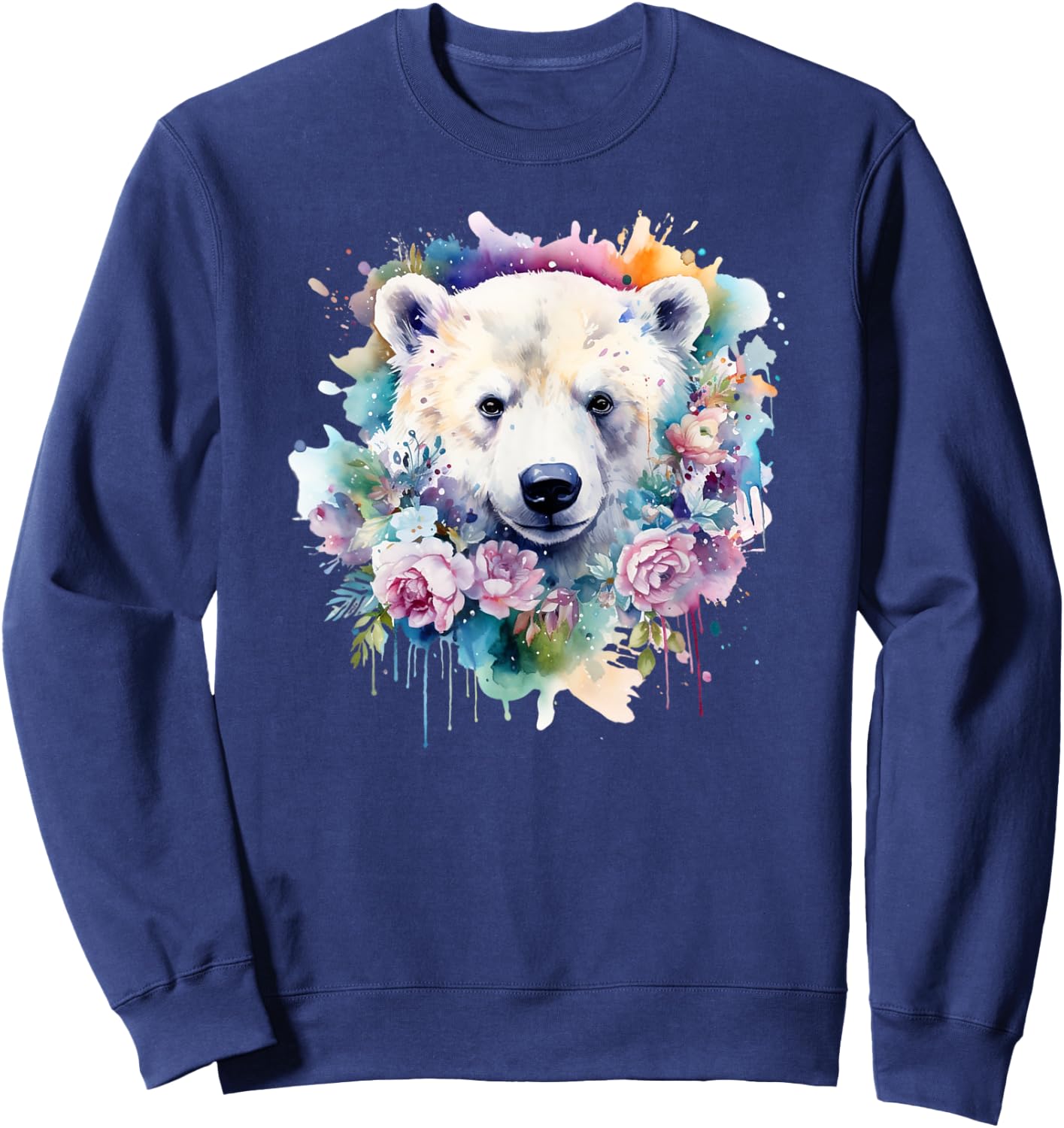 Polar Bear Floral Watercolor Animal Cute Polar Bear Face Sweatshirt - Sweatshirt | Navy