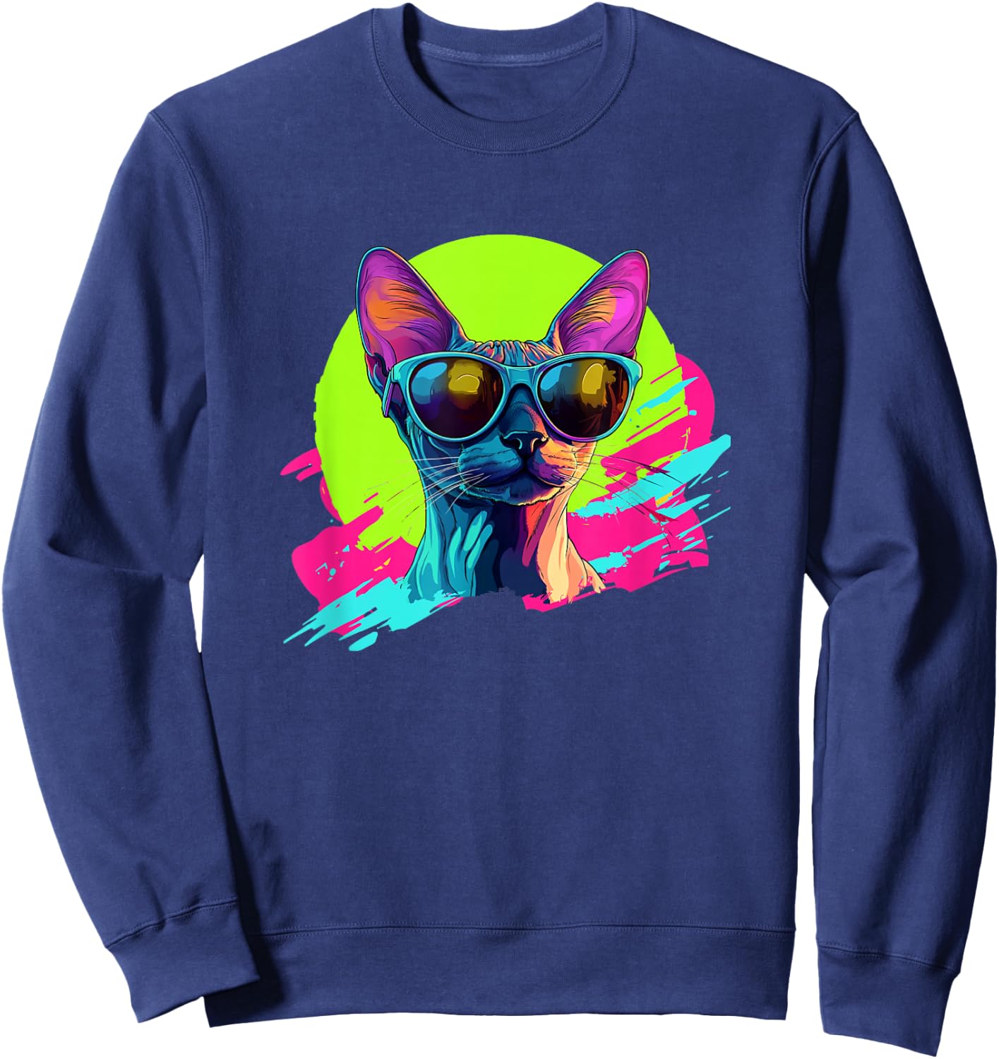 Funny Retro Vintage 80s Sunglasses Hairless Sphinx Cat Lover Sweatshirt - Sweatshirt | Navy