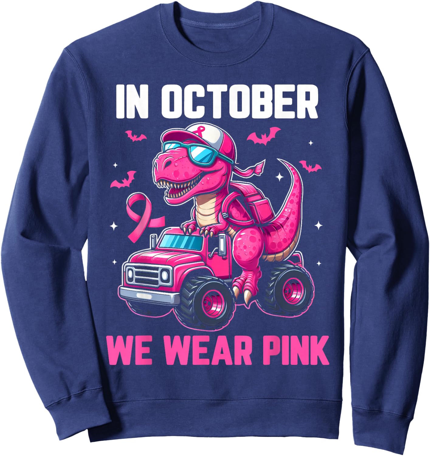 In October We Wear Pink Dino Trex Boys Toddler Breast Cancer Sweatshirt - Sweatshirt | Navy
