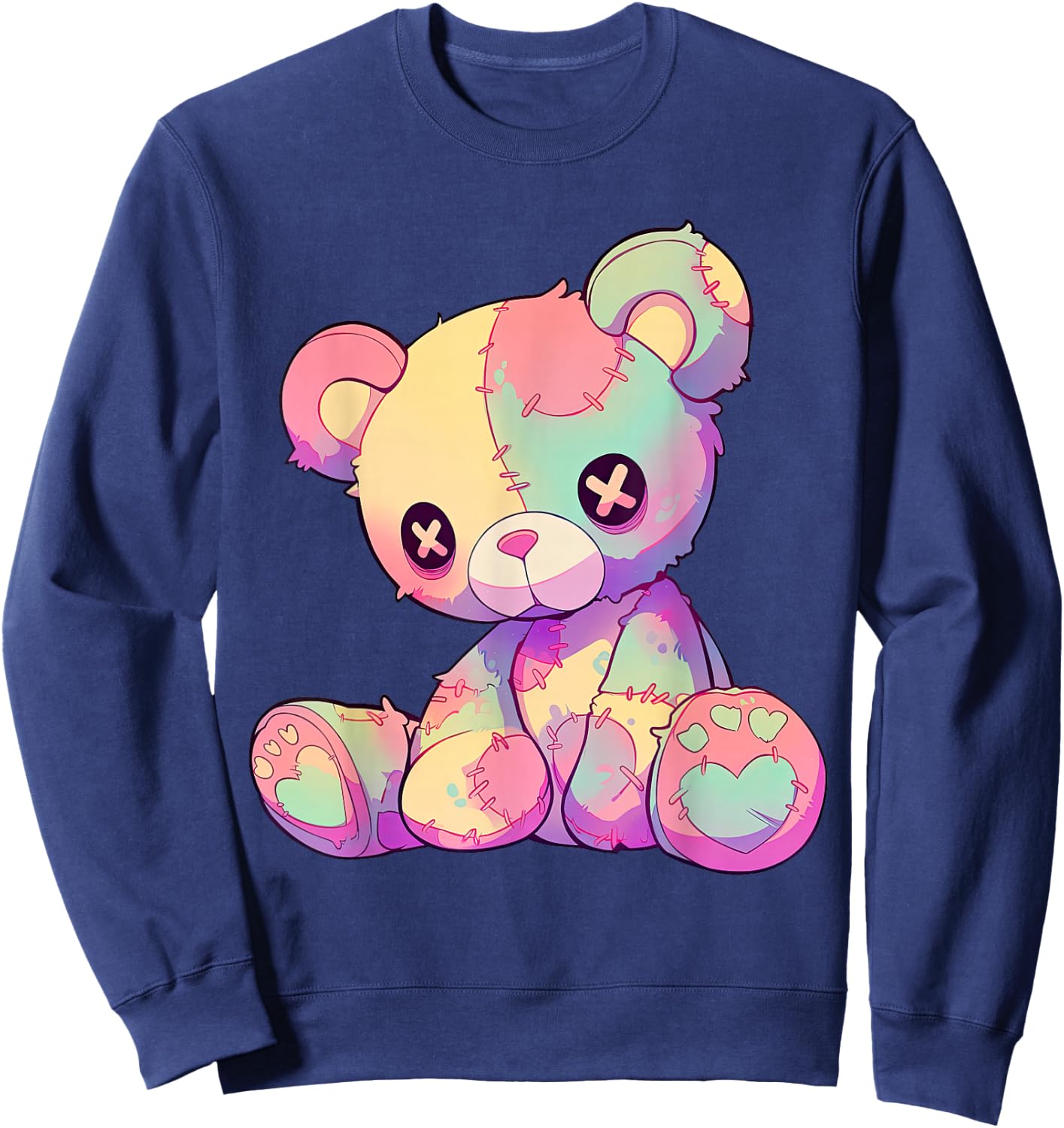 Kawaii Pastel Goth Creepy Cute Witchy Patchwork Teddy Bear Sweatshirt - Sweatshirt | Navy