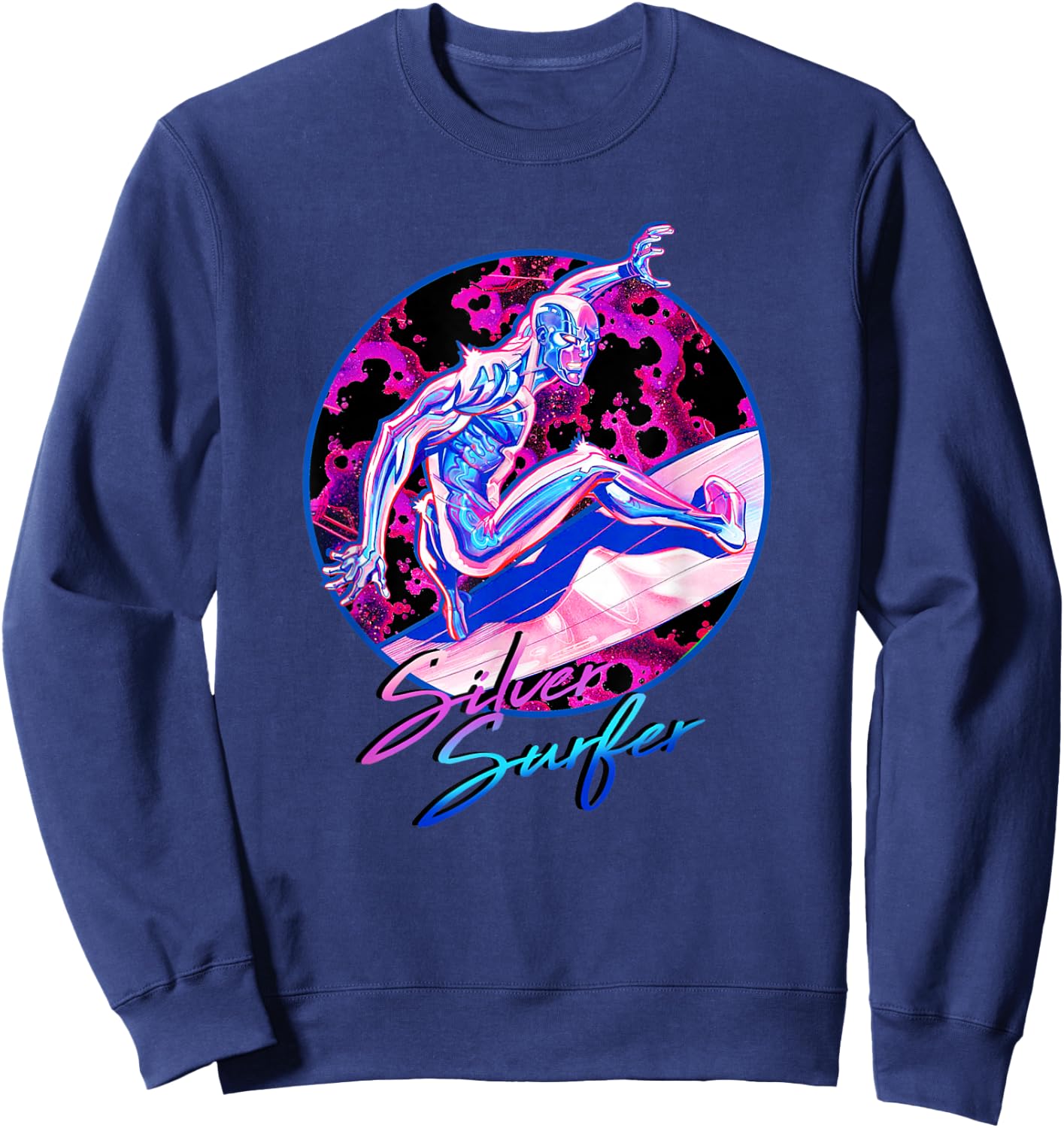 Marvel Fantastic Four Silver Surfer Bright Neon 80s Logo Sweatshirt - Sweatshirt | Navy