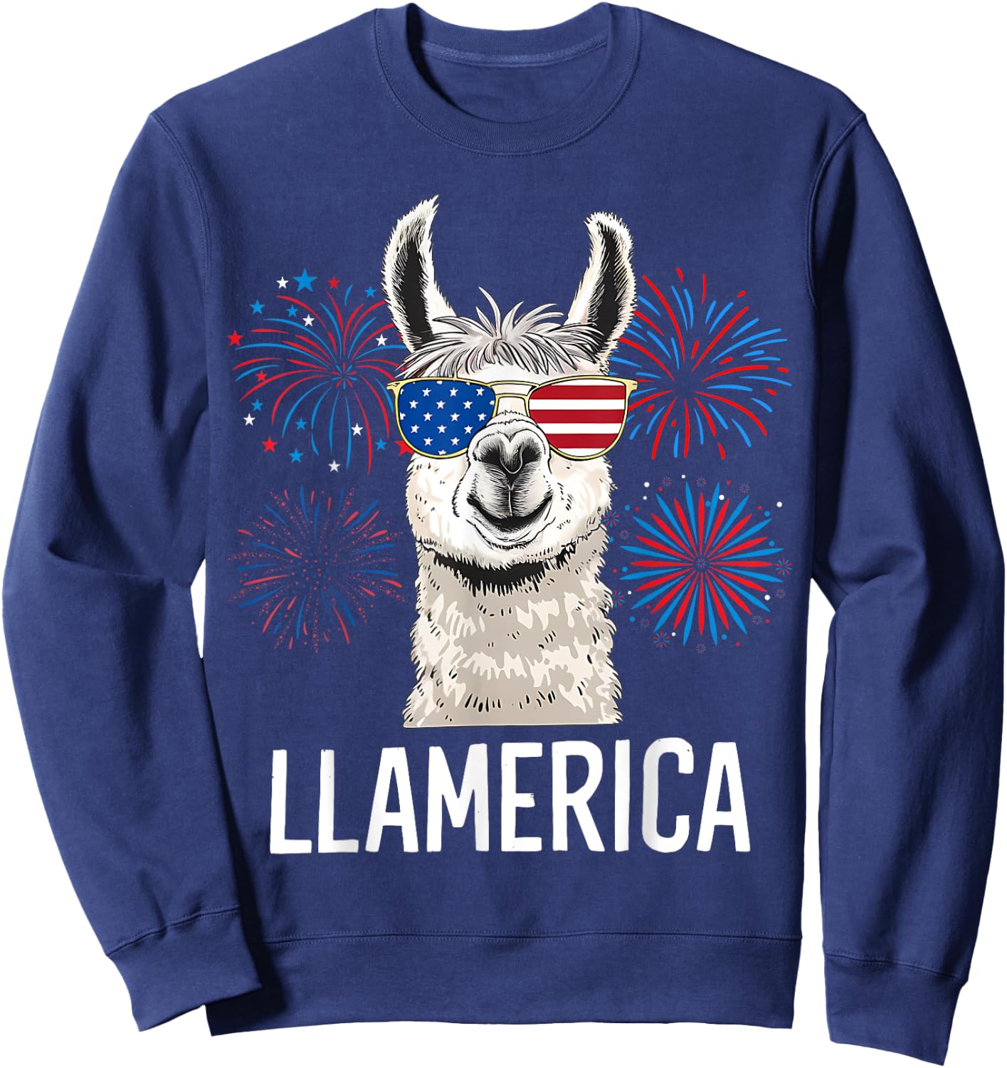 Funny Llamerica Fourth July American Flag Firework Graphic Sweatshirt - Sweatshirt | Navy