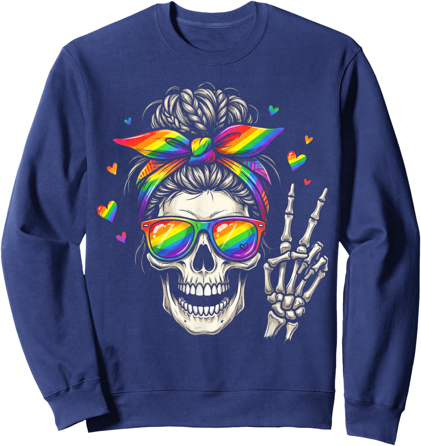 Messy Bun Skull Rainbow Flag LGBT Gay Pride Women Girls Sweatshirt - Sweatshirt | Navy