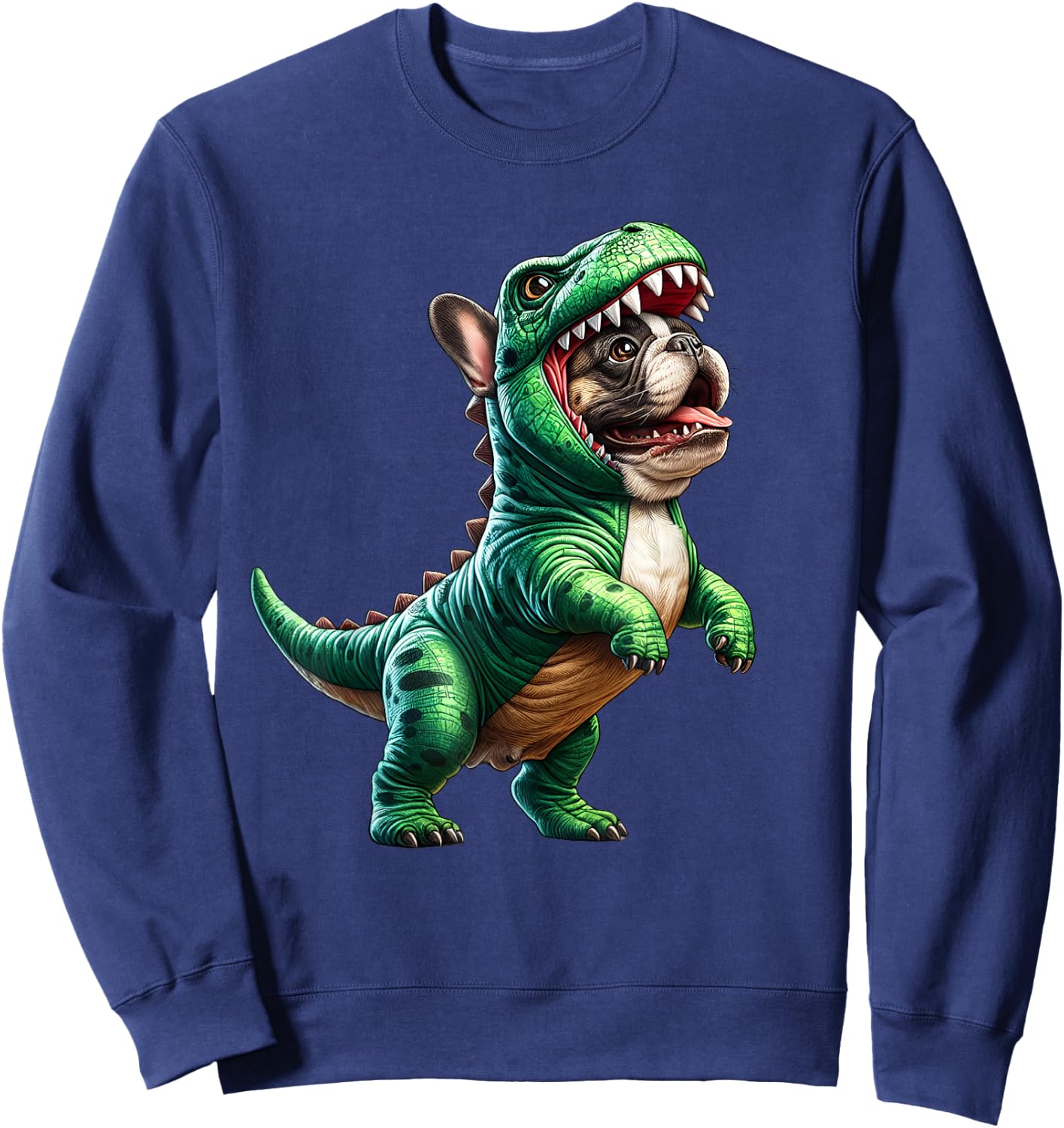 French Bulldog Wearing T-Rex Dinosaur Outfit Funny Dog Lover Sweatshirt - Sweatshirt | Navy