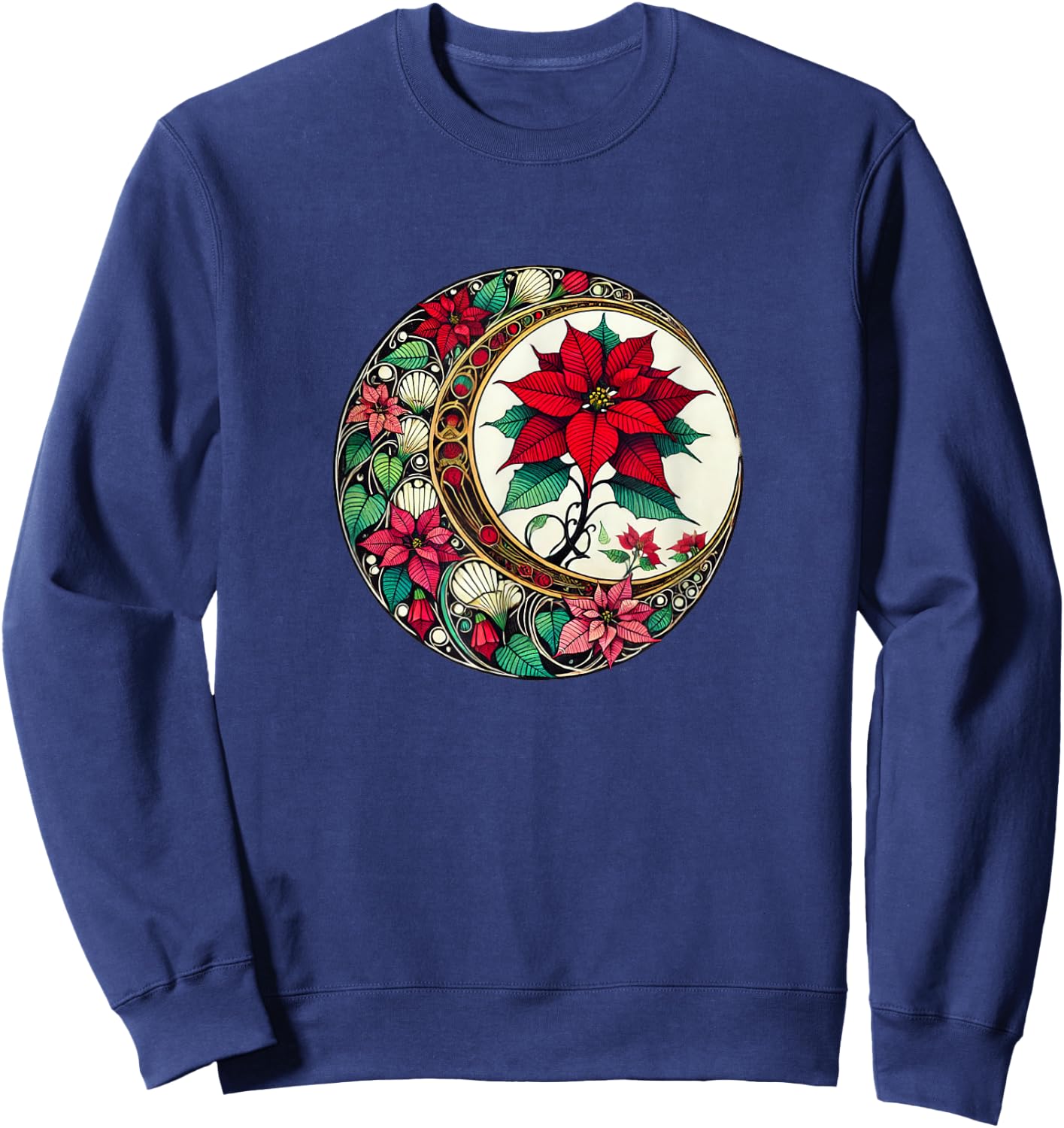 Poinsettia Lovers Snugg Christmas Poinsettias Art Nouveau Poinsettia -Adults Black Small Short Sleeve Sweatshirt - Sweatshirt | Navy