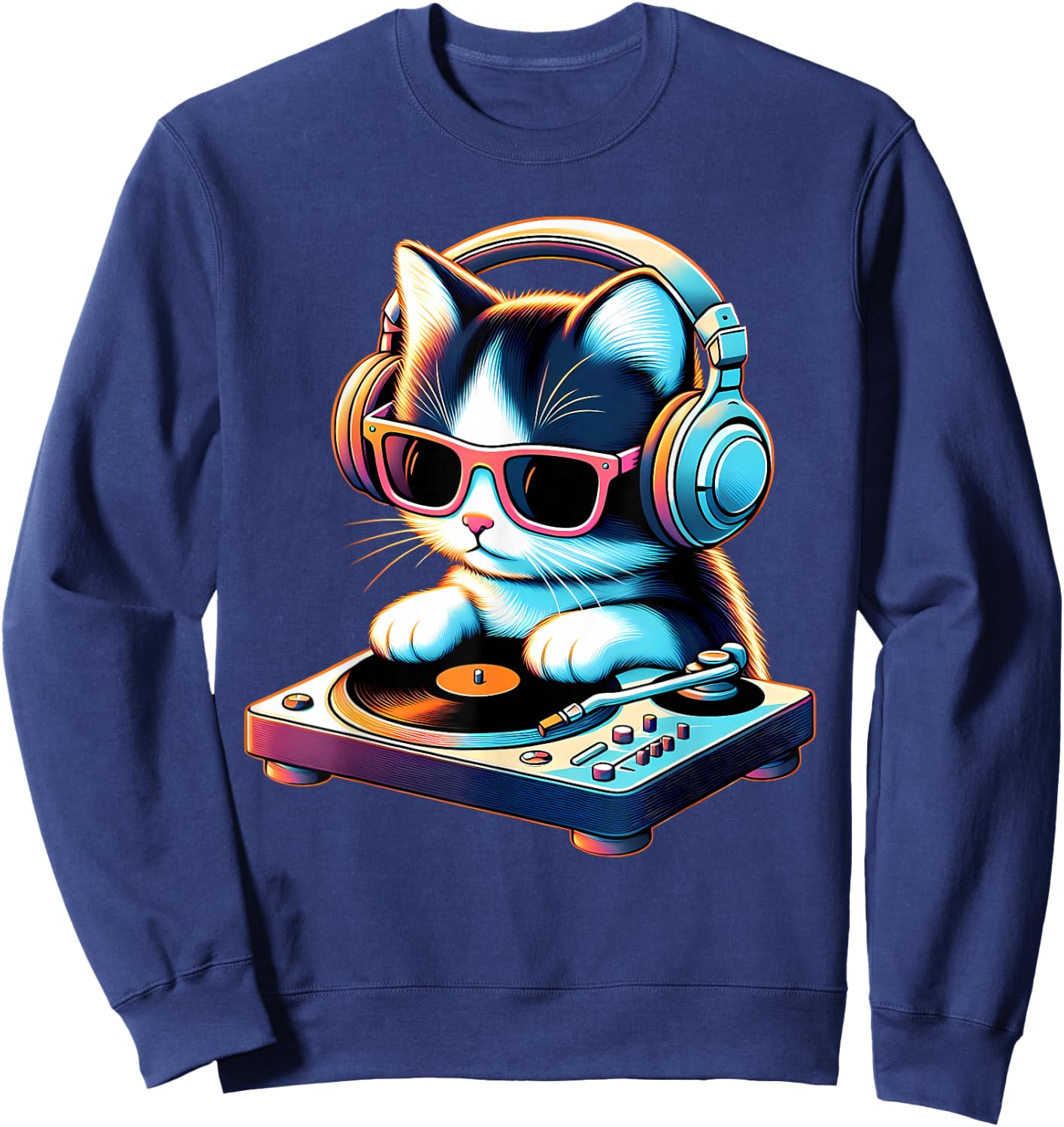 DJ Kitten Turntable Music Vibe Cat Cool Modern Playful Art Sweatshirt - Sweatshirt | Navy