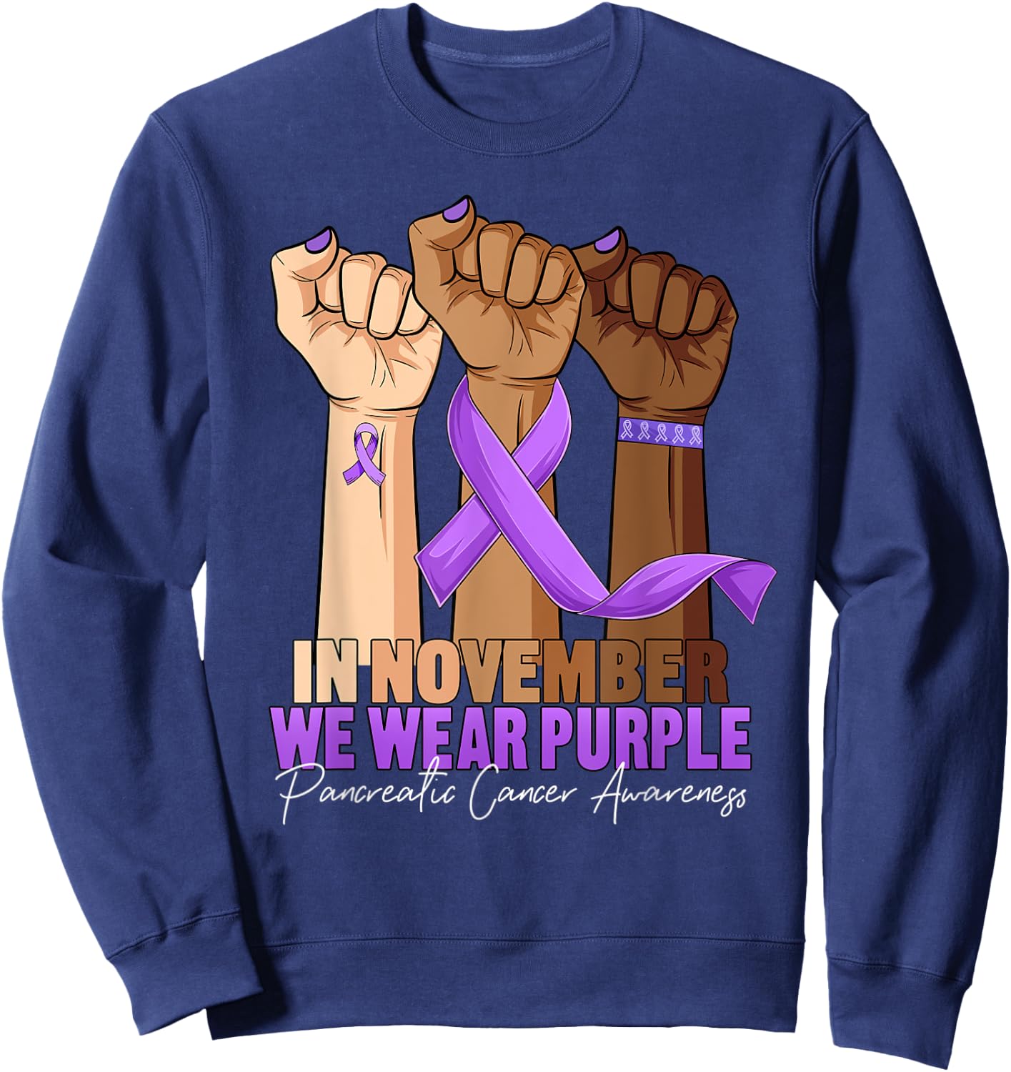 Hand November Wear Purple Ribbon Pancreatic Cancer Awareness Sweatshirt - Sweatshirt | Navy