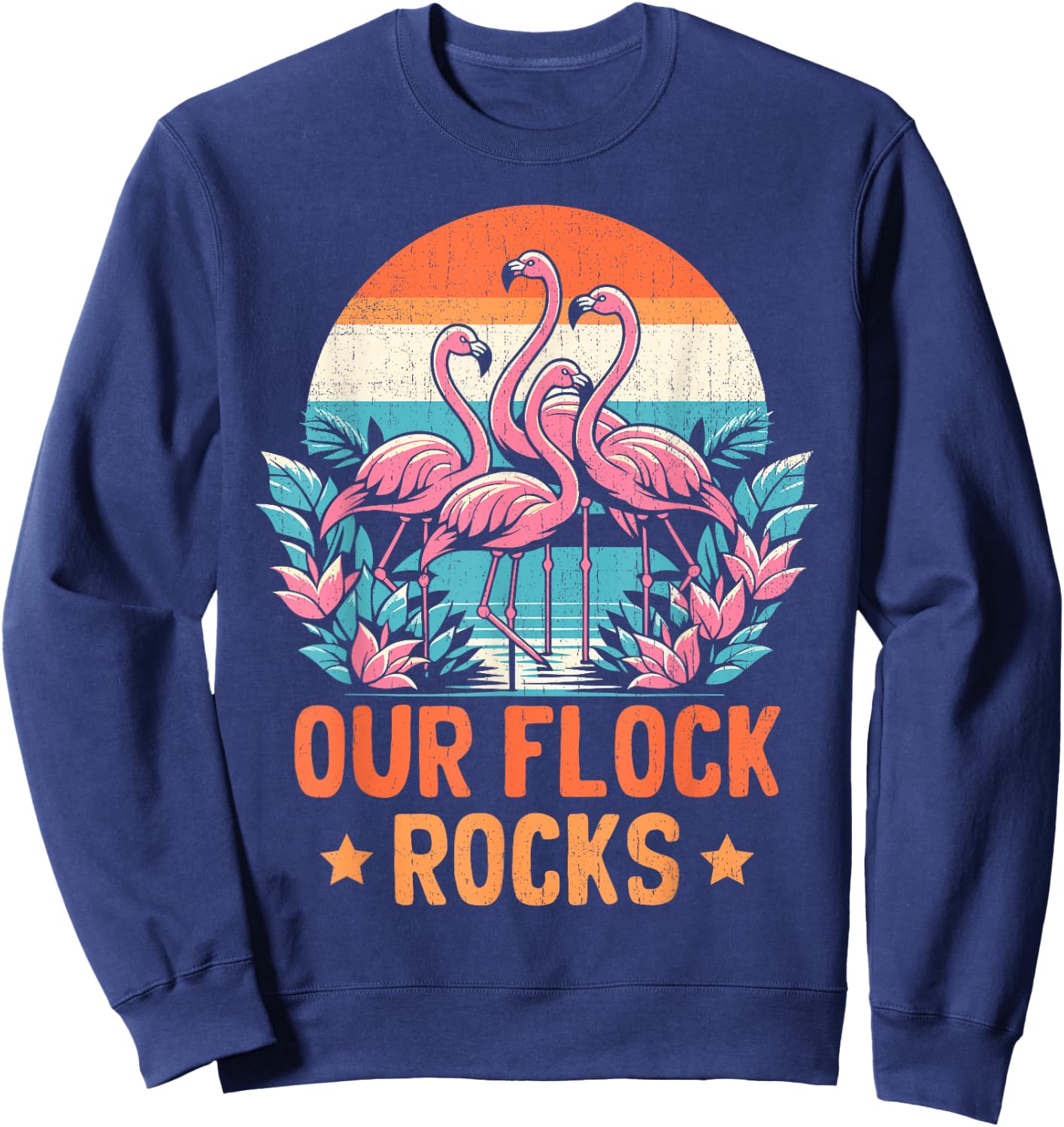 Our Flock Rocks Flamingos Lover Family Vacation Group Sweatshirt - Sweatshirt | Navy