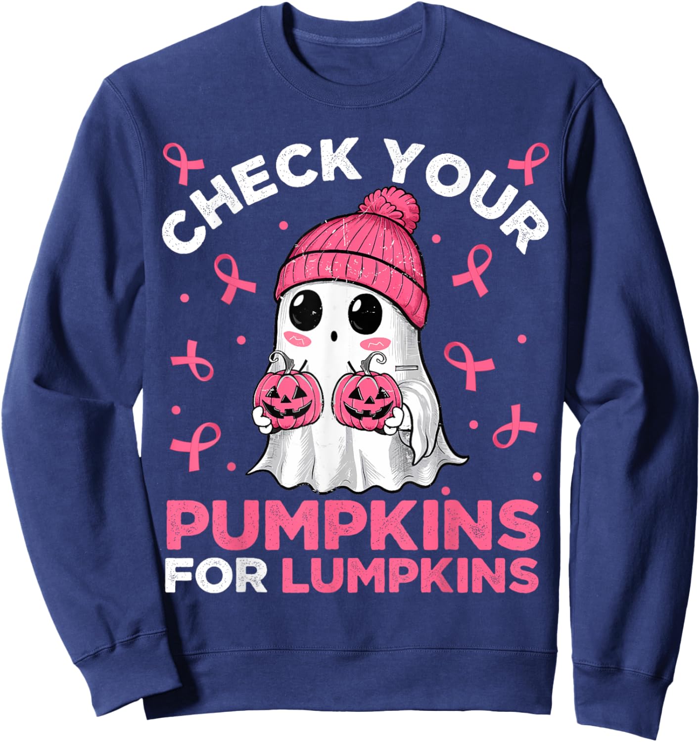 Breast Cancer Halloween Boo Ghost Check Your Pumpkins Sweatshirt - Sweatshirt | Navy