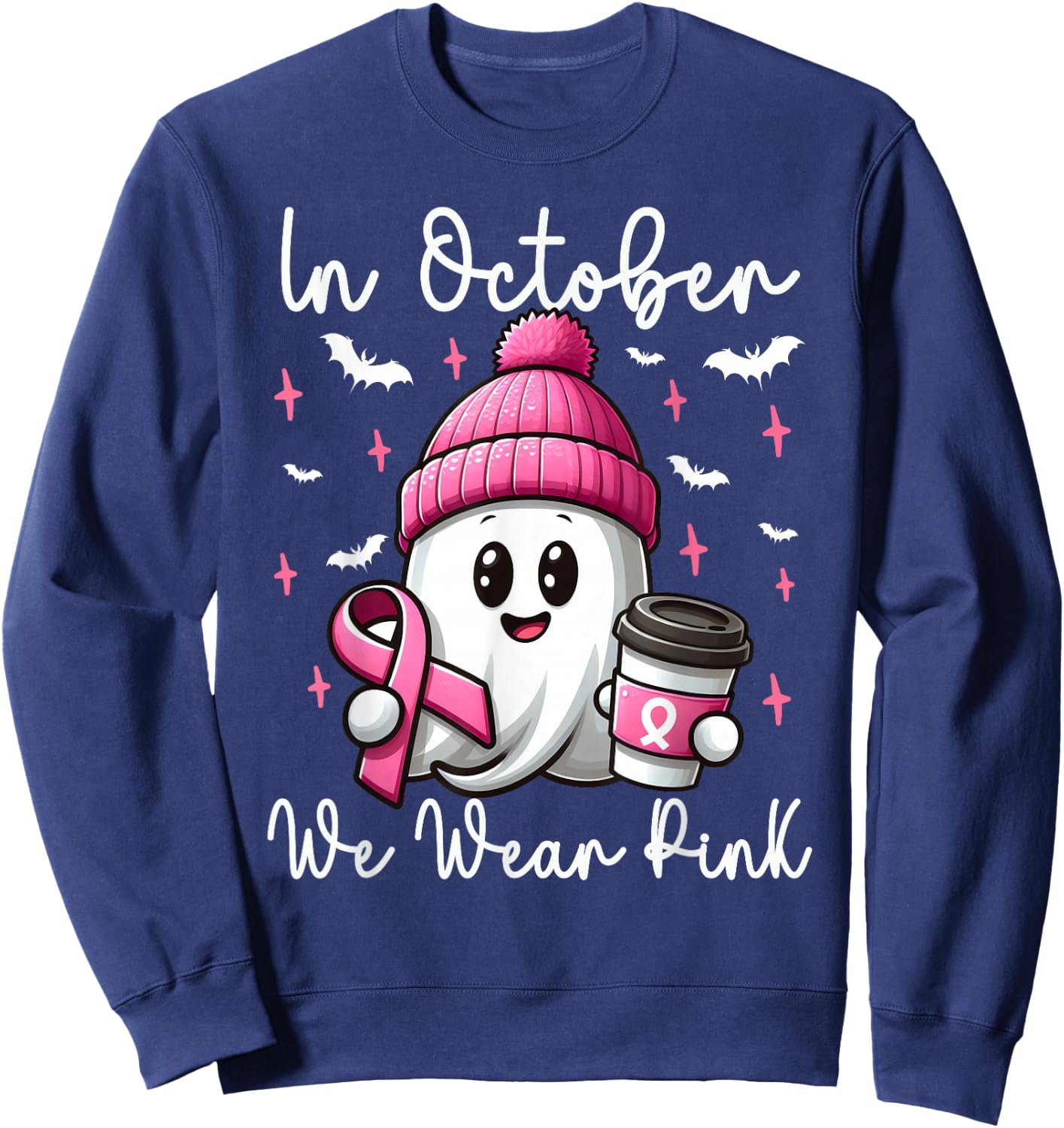 In October We Wear Pink Halloween Ghost Coffee Breast cancer Sweatshirt - Sweatshirt | Navy