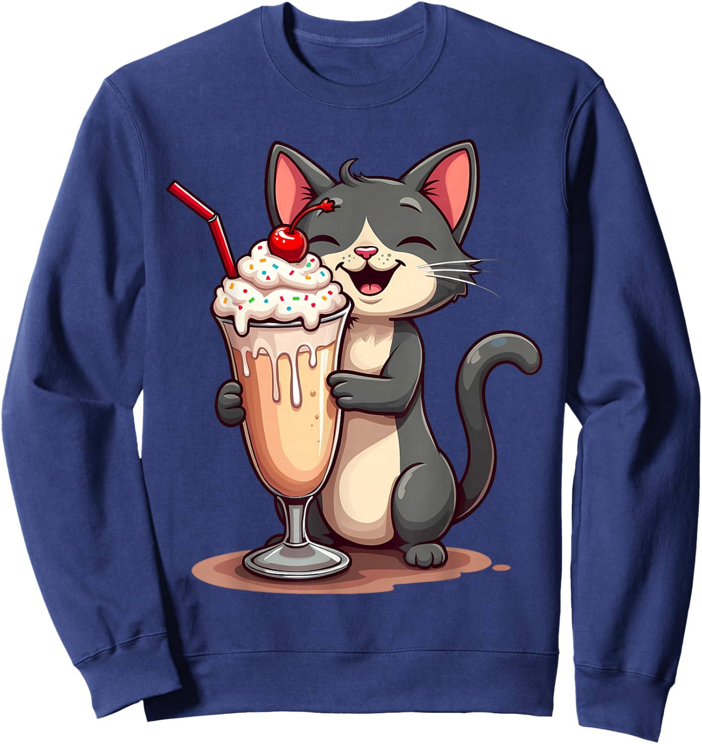 Kawaii Cat Shirt Milkshake Cute Kawaii Teen Kids Girls Women Sweatshirt - Sweatshirt | Navy