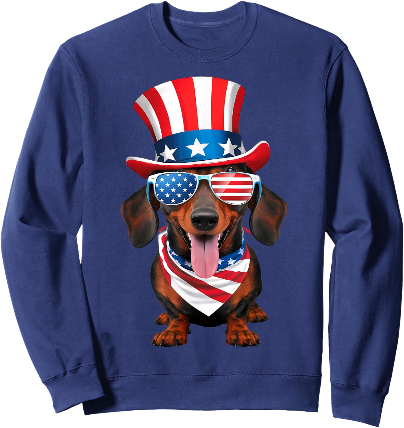 Dachshund Dog American Flag Glasses Hat 4th of July Sweatshirt - Sweatshirt | Navy