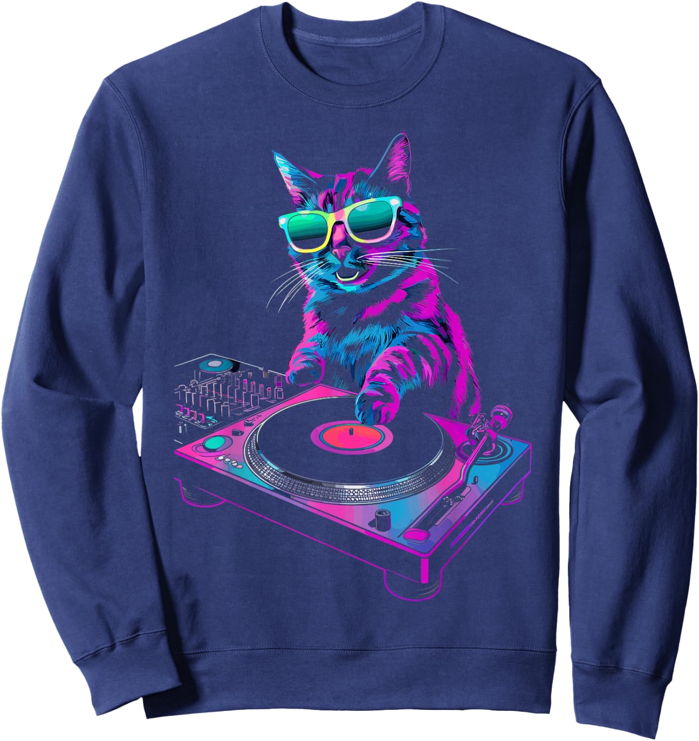 House DJ Cat Rainbow DJ Cat Kitty on Turntable Disco DJ Cat , Small, Black Sweatshirt - Sweatshirt | Navy
