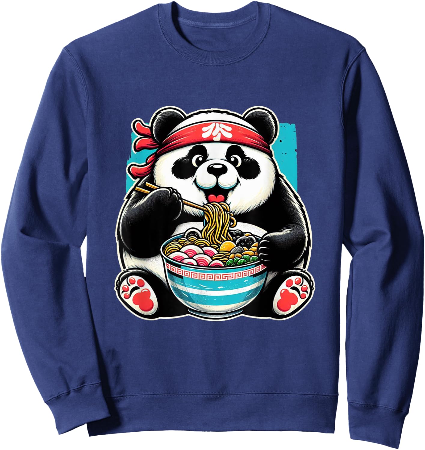 Kawaii Artwork Co Japanese Fat Panda Ramen Kawaii Neko Japanese Noodles Aesthetic Anime Panda Graphic Design -Teens & Young Adults - Black - Small - Short Sleeve Sweatshirt - Sweatshirt | Navy
