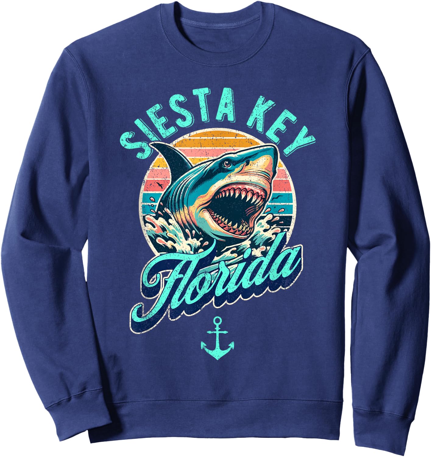 Siesta Key Florida Shark Retro Distressed Design Sweatshirt - Sweatshirt | Navy