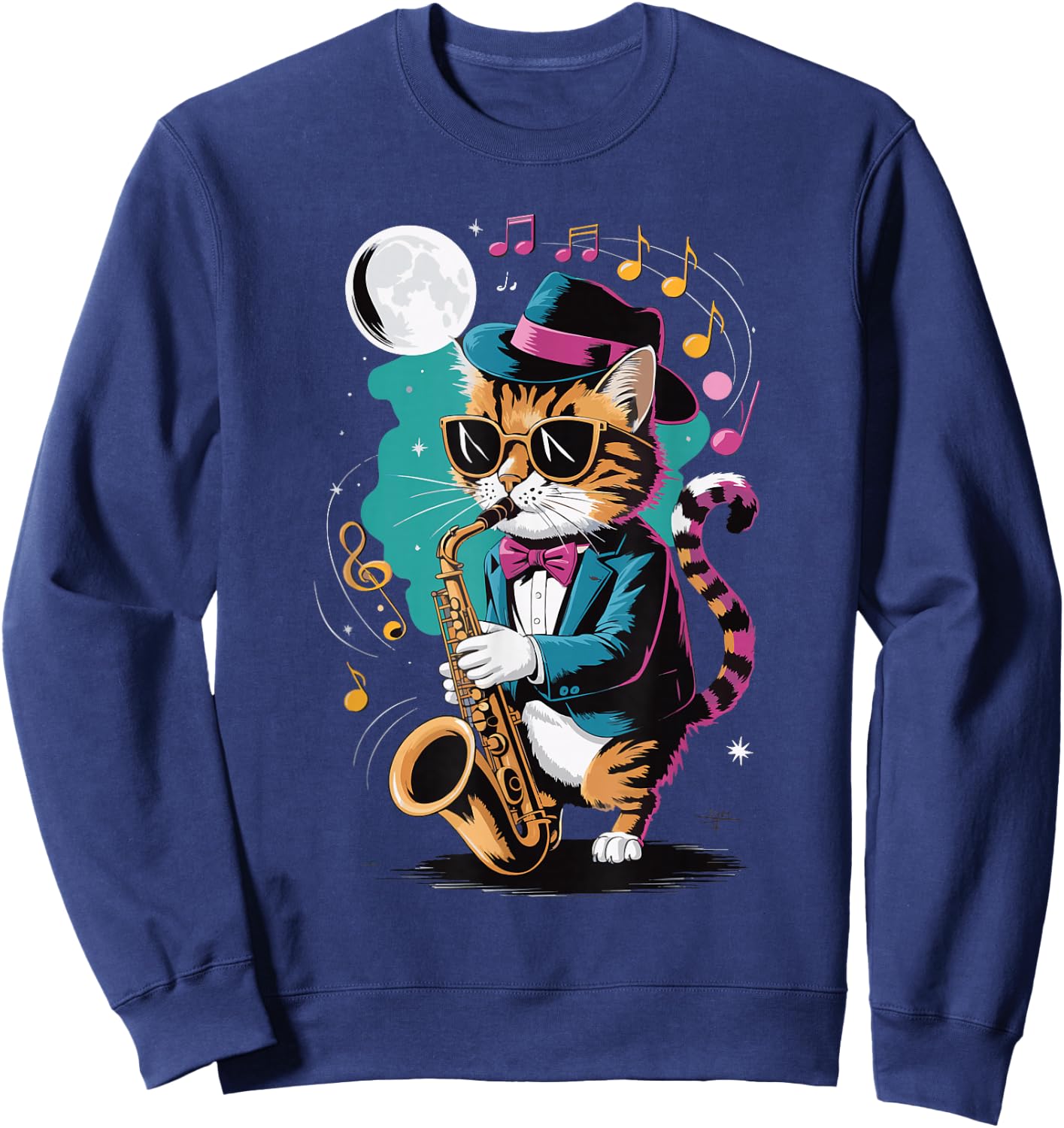 Cat Playing Saxophone Men Women Kids Sweatshirt - Sweatshirt | Navy
