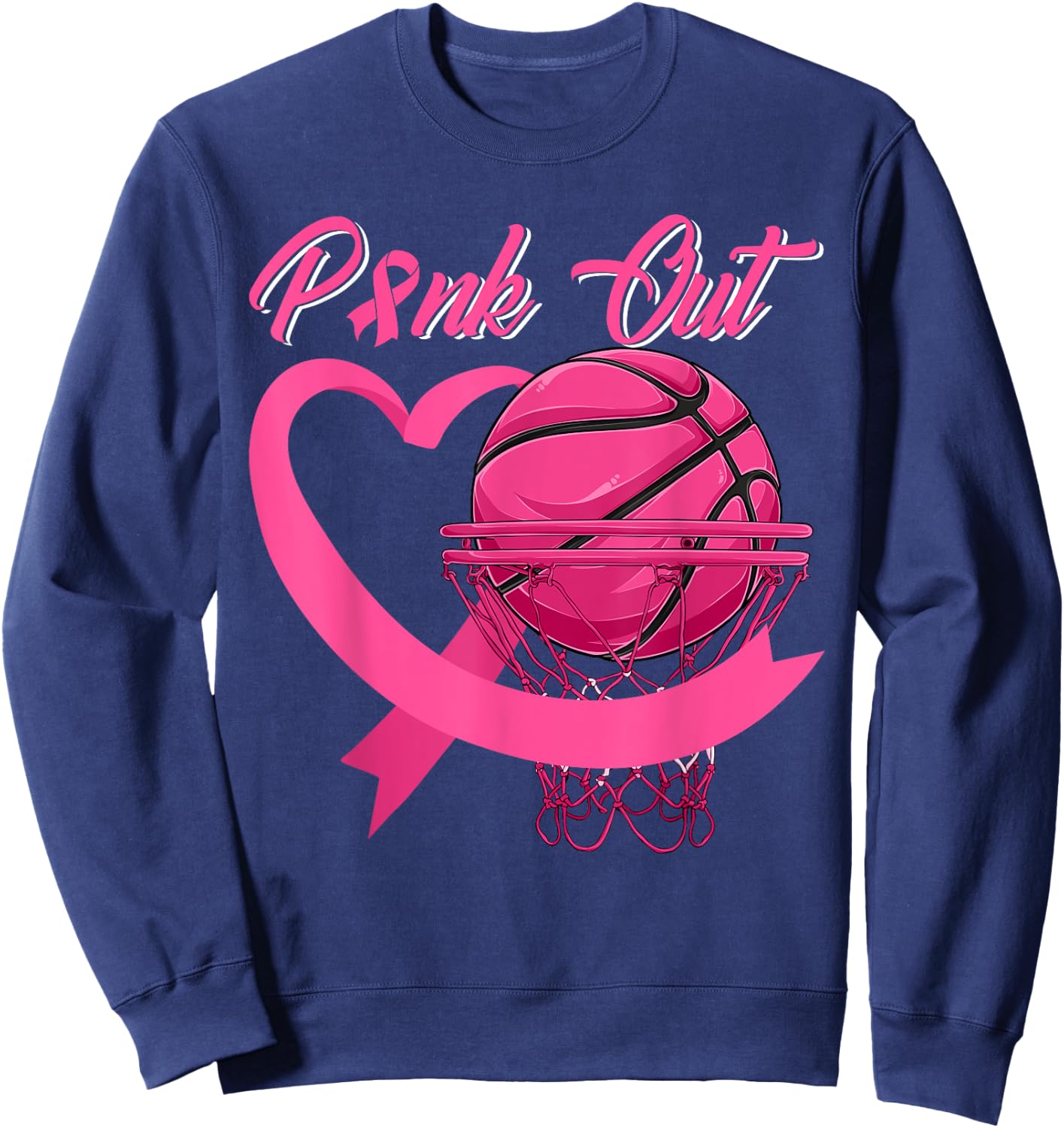 Pink Out Breast Cancer Pink Ribbon Heart & Basketball Ball Sweatshirt - Sweatshirt | Navy