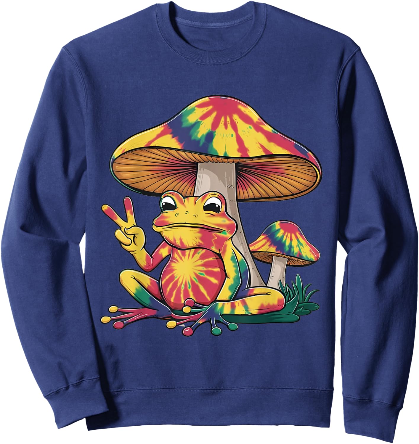 Tie Dye Mushroom and Frog Peace Sign Hippie Animal Vintage Sweatshirt - Sweatshirt | Navy