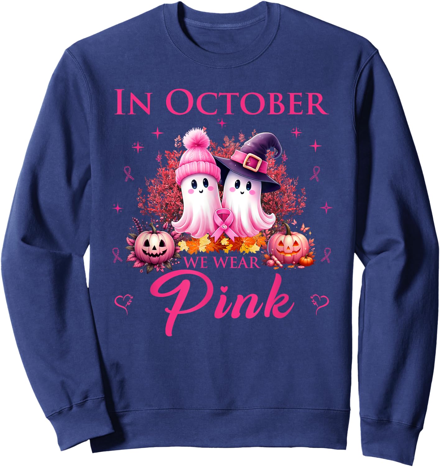 In October We Wear Pink Ghost Breast Cancer Awareness Sweatshirt - Sweatshirt | Navy