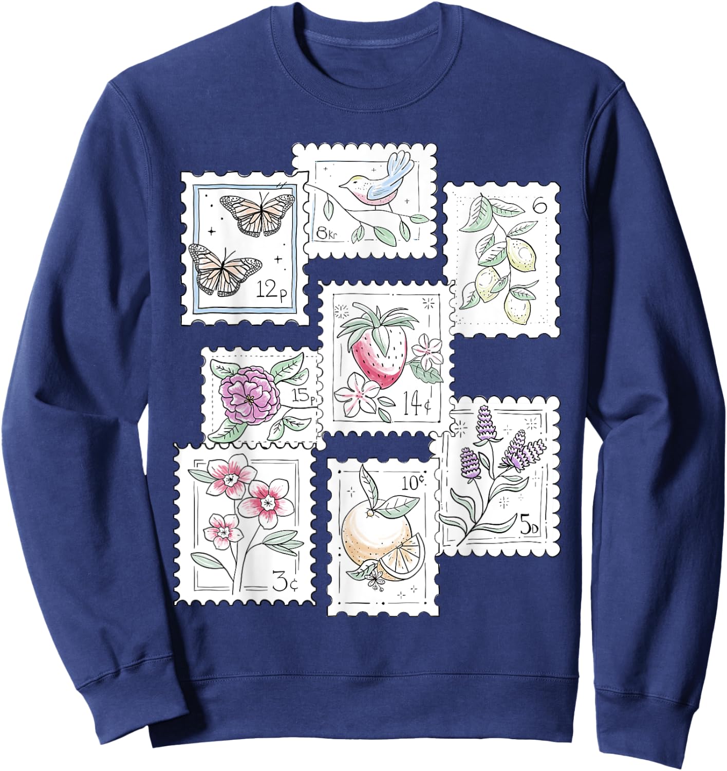 Postage Stamp Pattern Flowers Butterflies Bird Strawberry Sweatshirt - Sweatshirt | Navy