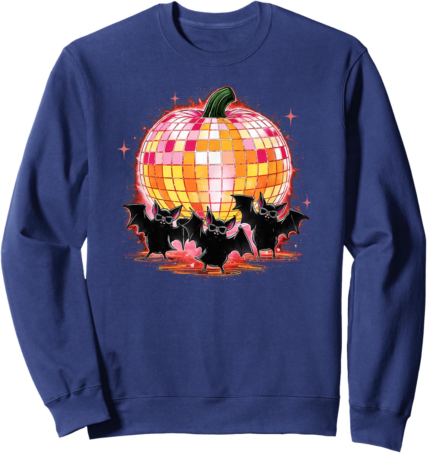 Pumpkin Disco Ball Dancing Bats Halloween Disco Party Sweatshirt - Sweatshirt | Navy