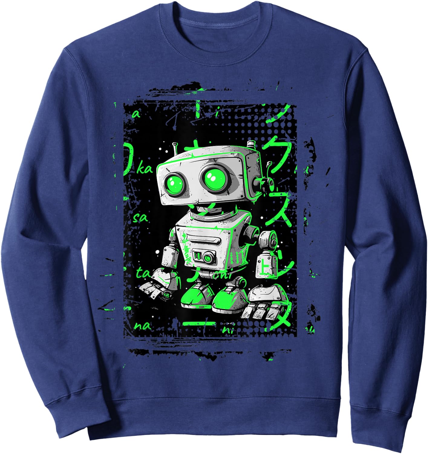 Green Cyberpunk Robot Kicks Green Color Graphic Sweatshirt - Sweatshirt | Navy