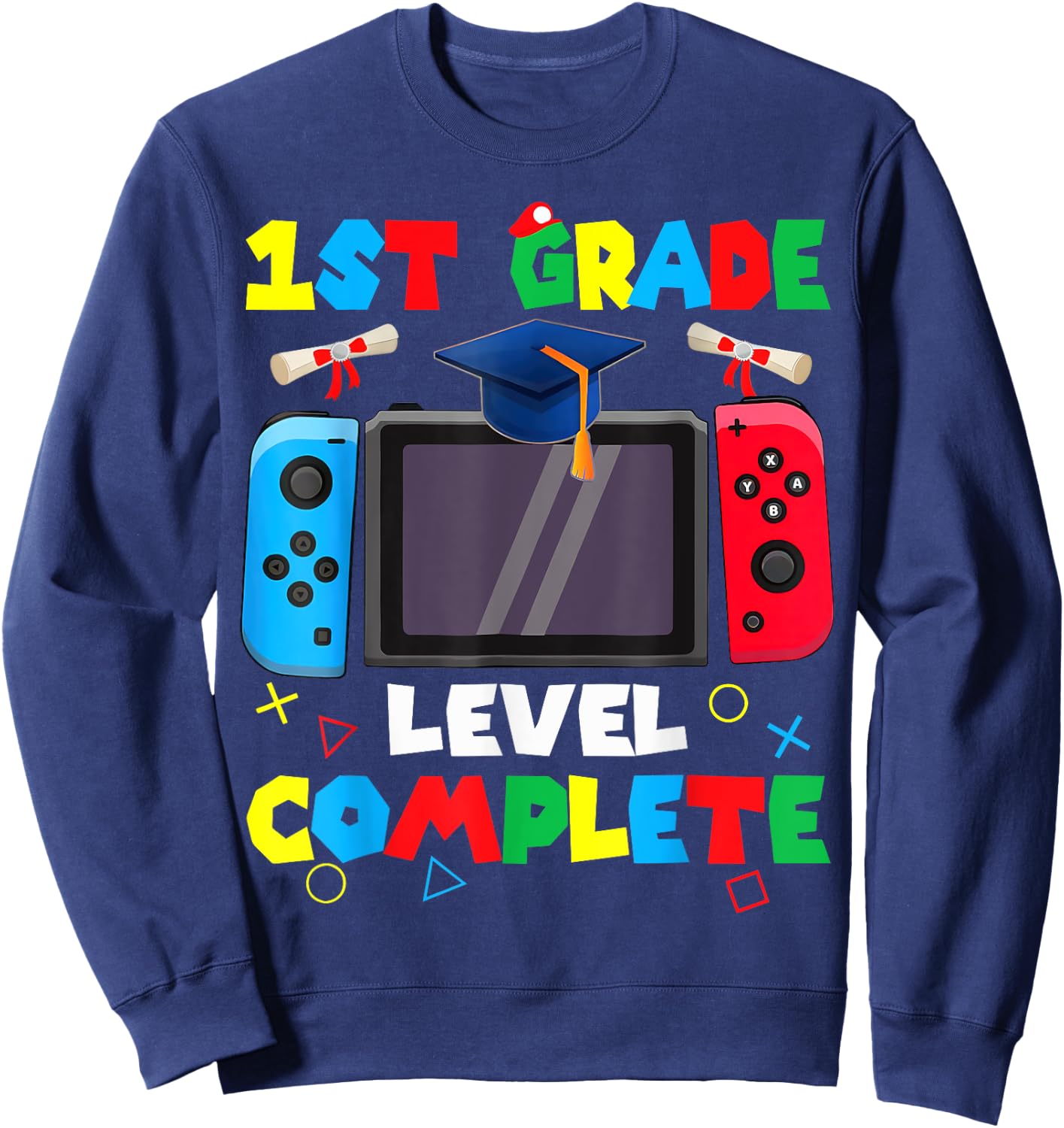 1st Grade Level Complete Graduation Class 2024 Boys Gamer Sweatshirt - Sweatshirt | Navy