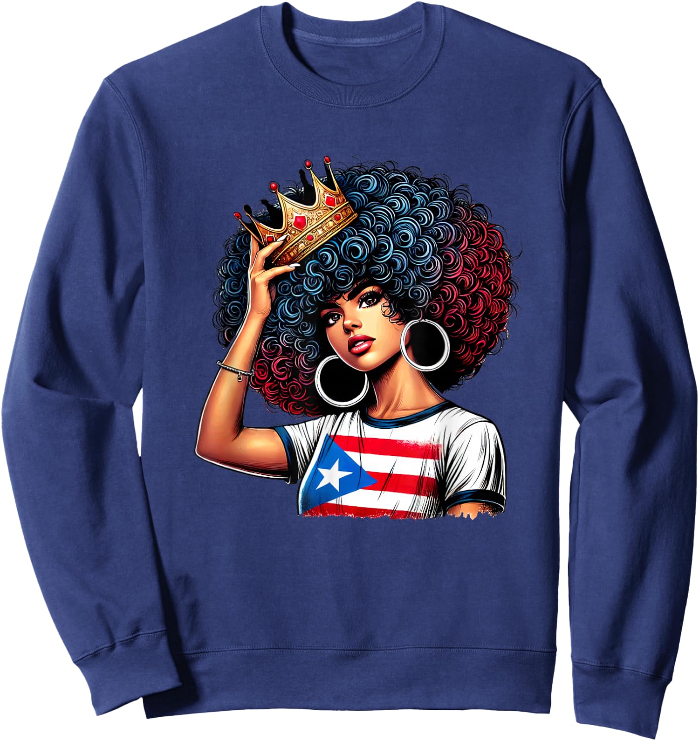 Afro Boricua Queen Princess Crown Puerto Rico Flag Latina Sweatshirt - Sweatshirt | Navy