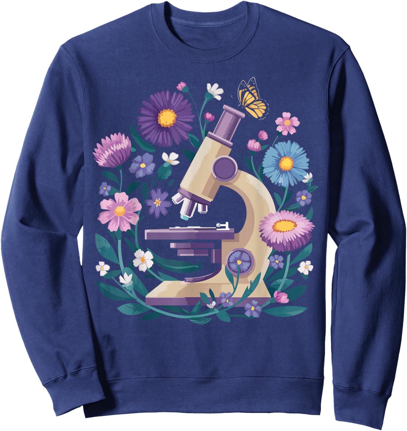 Microscope Flower Butterfly Biology Science Teacher Student Sweatshirt - Sweatshirt | Navy