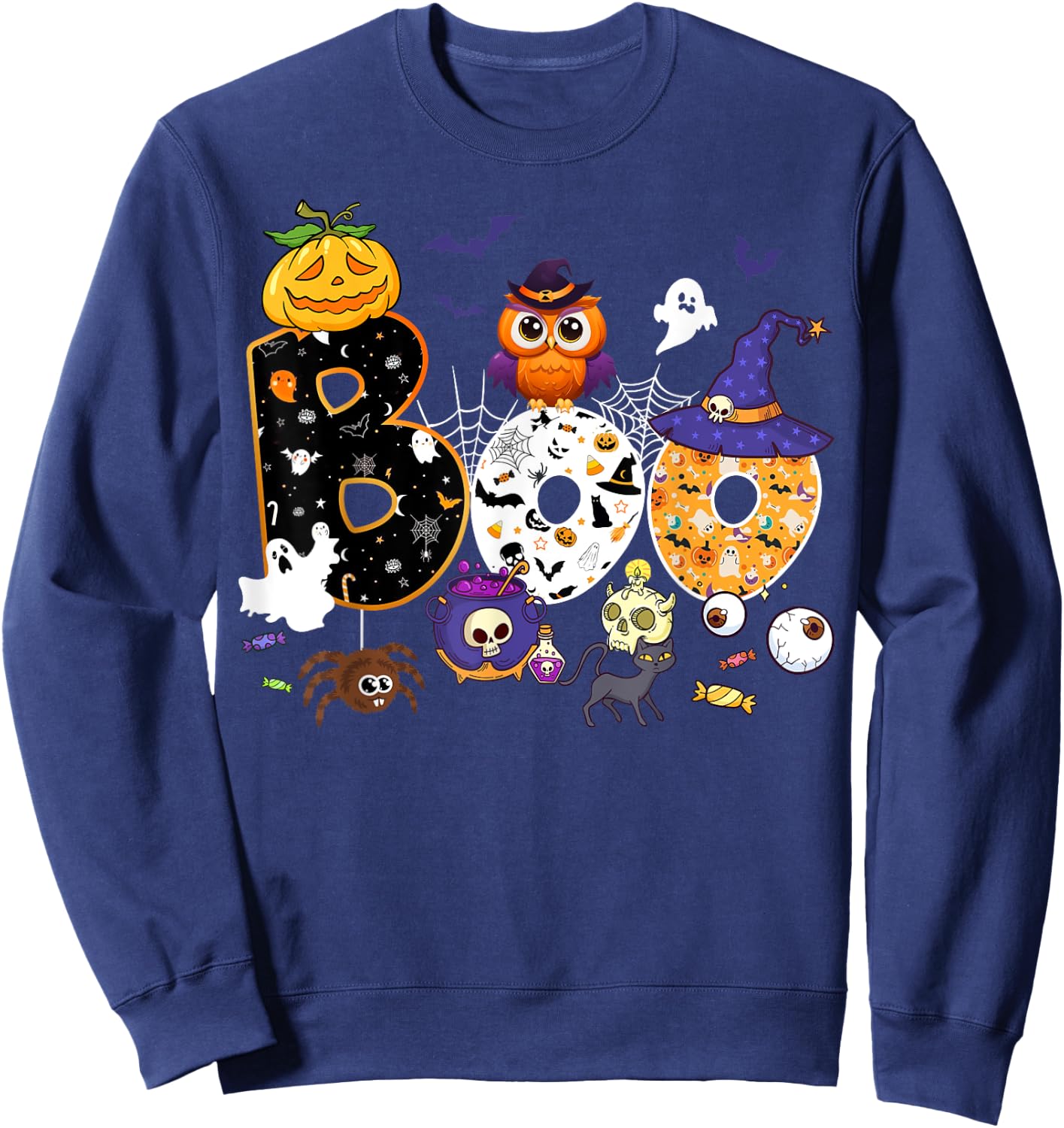 Boo Creepy Owl Pumpkin Ghost Halloween Men Women Kids Sweatshirt - Sweatshirt | Navy