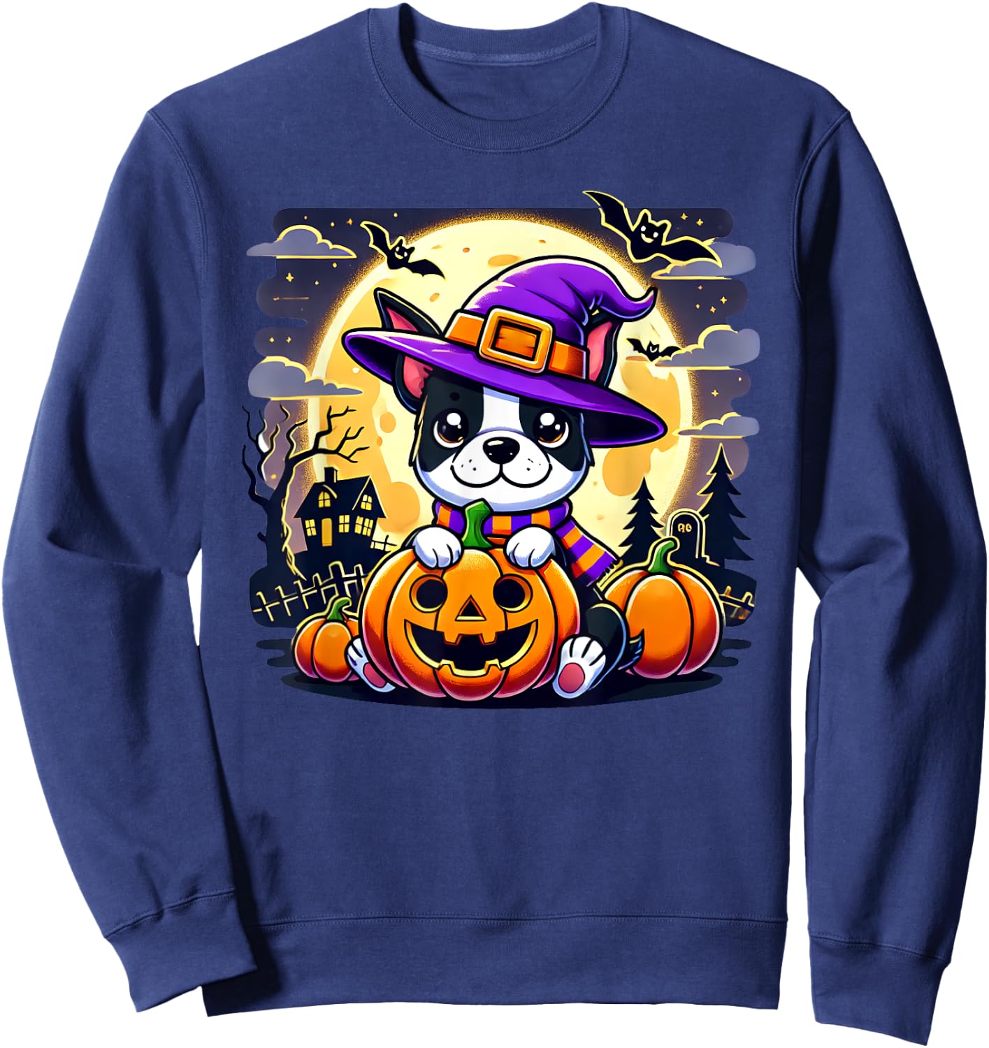 Halloween Boston Terrier Dog Breed With Jack O' Lantern Art Women Kids Sweatshirt - Sweatshirt | Navy