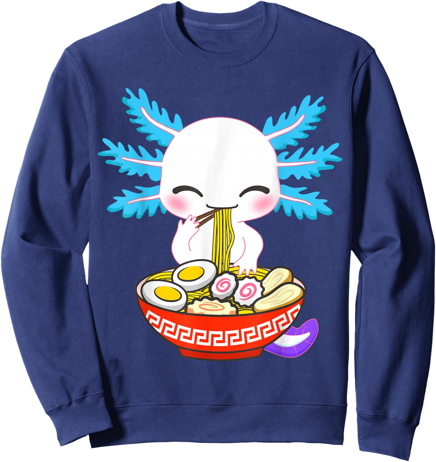Fox Brother Kawaii Axolotl Eating Ramen Noodles Anime - -Kids/Adults, Black, Small, Short Sleeve Sweatshirt - Sweatshirt | Navy