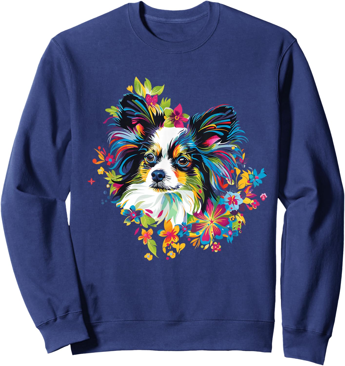 Artful Papillon Designs Floral Pop Art Papillon - -Adults & -Kids - Black - Small - Short Sleeve - Classic Fit - Round Neck Sweatshirt - Sweatshirt | Navy