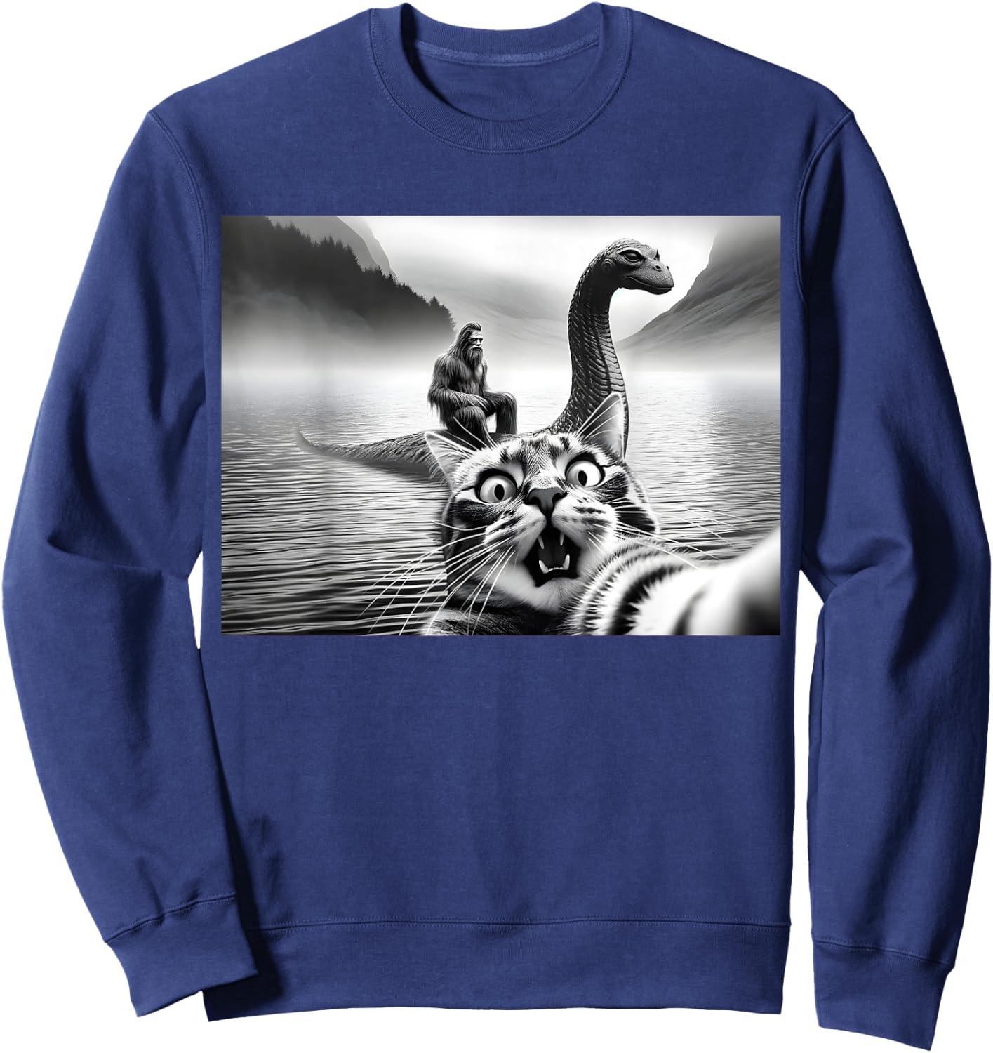 Bigfoot Riding Loch Ness Monster Surprised Scared Cat Selfie Women Girls Kids Sweatshirt - Sweatshirt | Navy