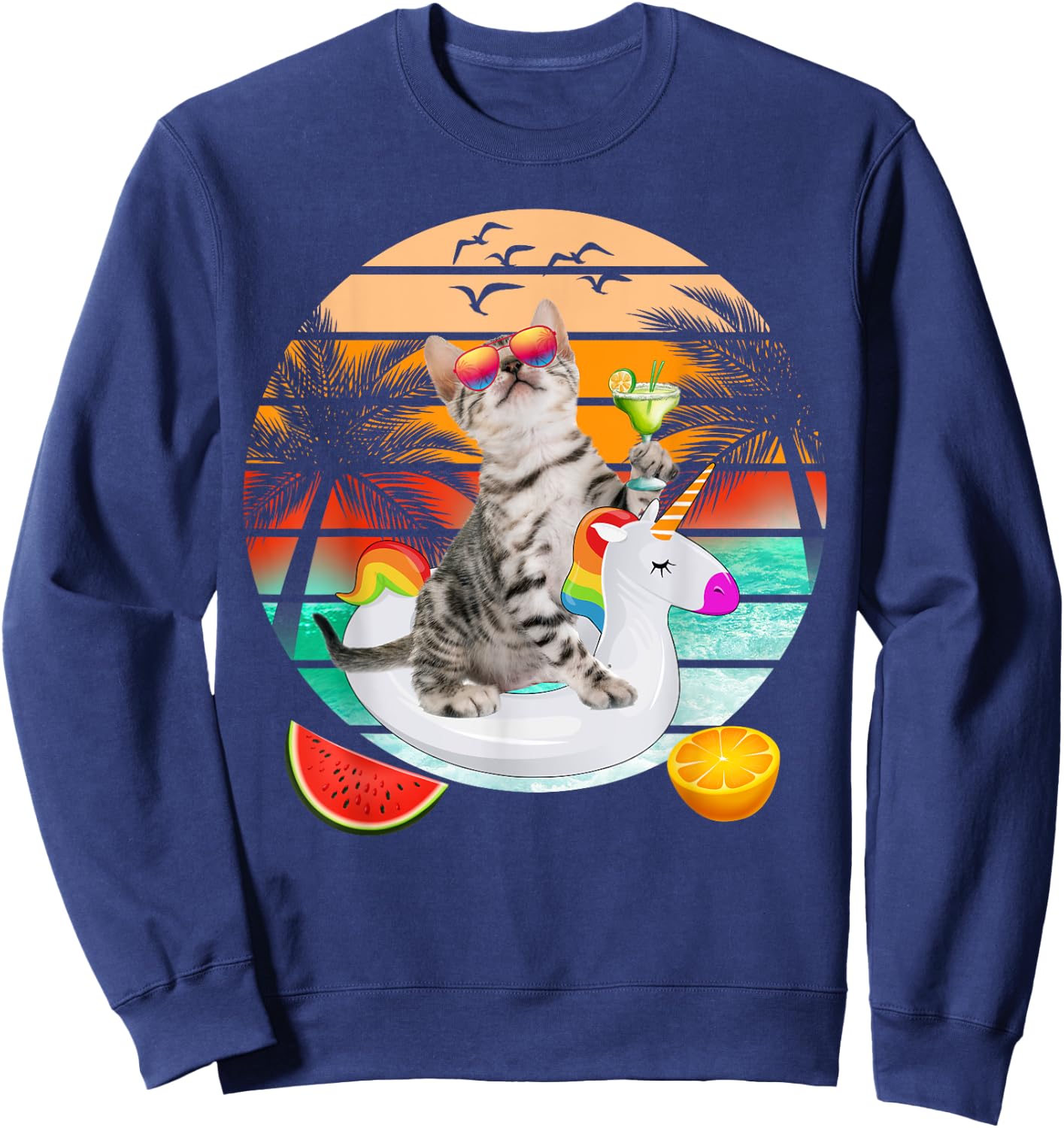 Cute Cat With Margarita & Unicorn Float Kitten Summer Vibes Sweatshirt - Sweatshirt | Navy