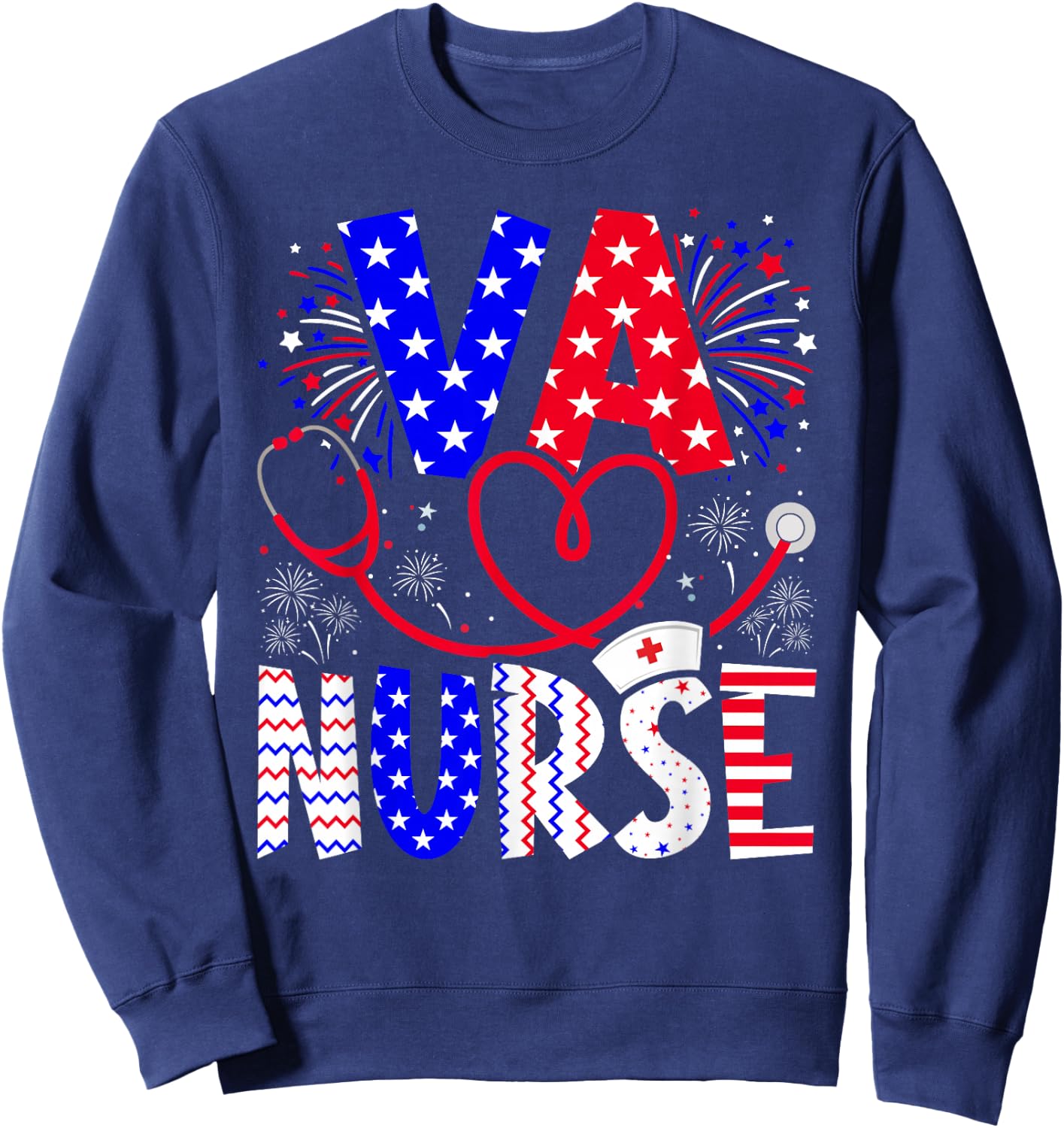 VA Nurse 4th Of July American Flag Stethoscope Sweatshirt - Sweatshirt | Navy