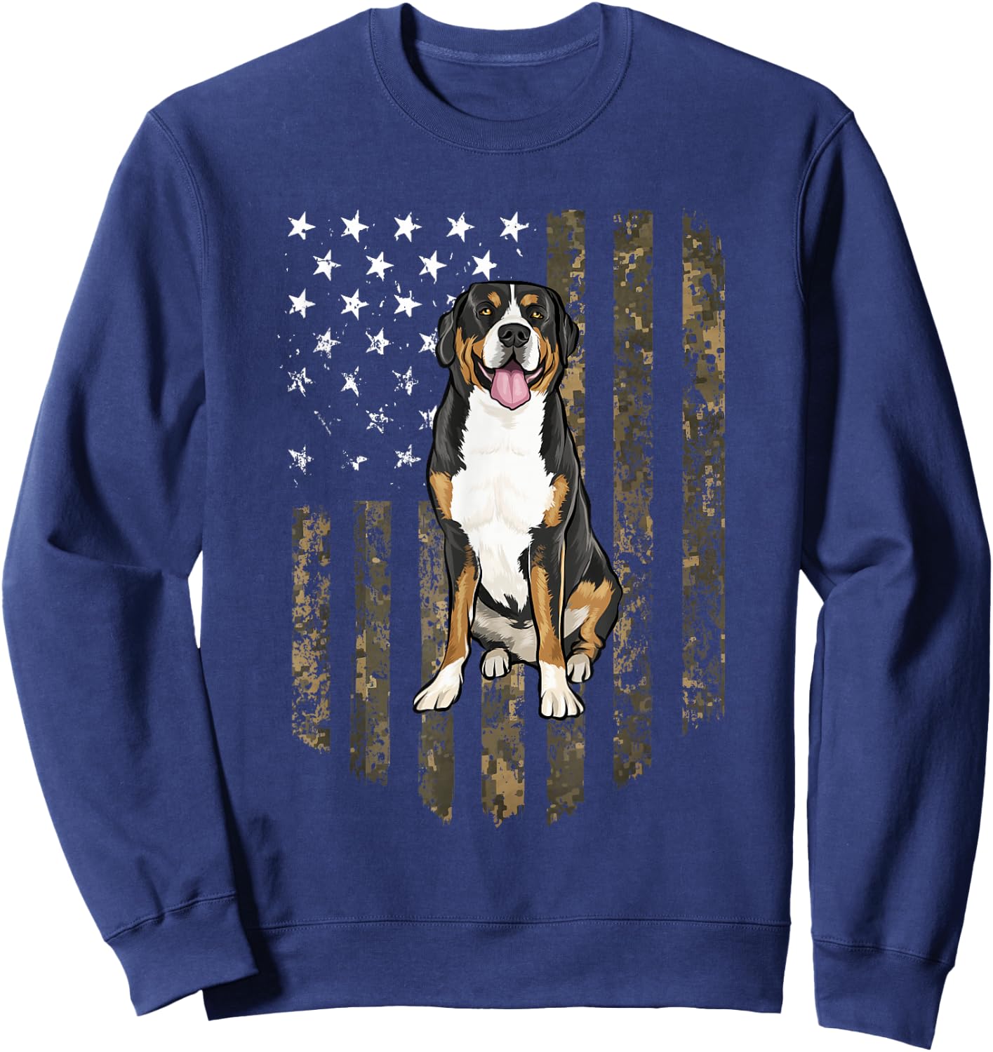 Camo American Flag Greater Swiss Mountain Dog 4th Of July Sweatshirt - Sweatshirt | Navy