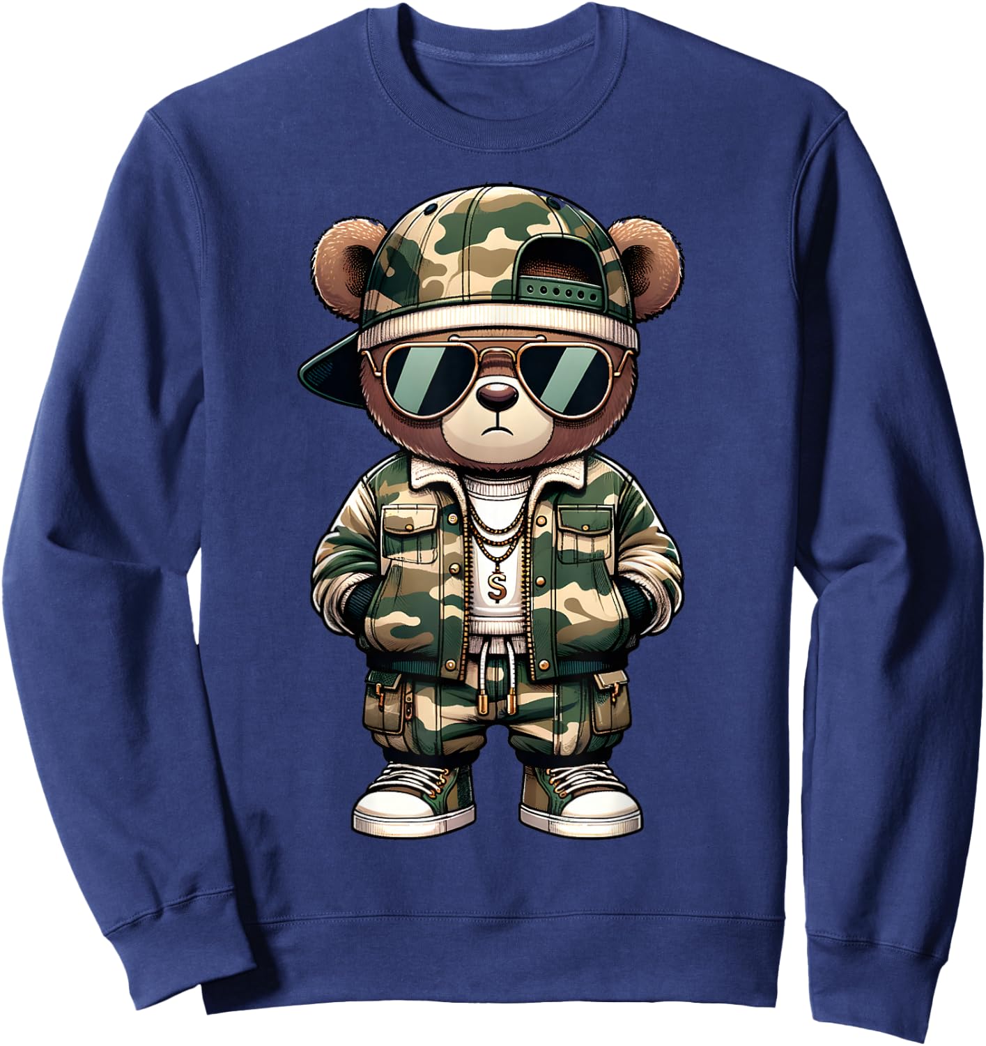 Camo Hip Hop Teddy Bear Camouflage Gangsta Streetwear Hustle Sweatshirt - Sweatshirt | Navy