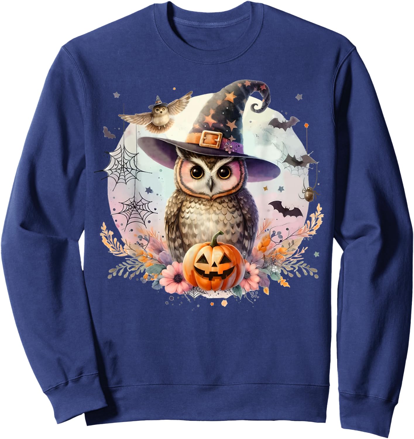Owl Witch Hat and Pumpkin Funny Halloween Academia Witchy Sweatshirt - Sweatshirt | Navy