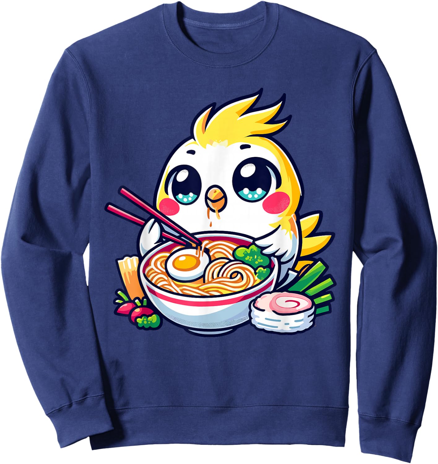 Kawaii Yellow Cockatiel Bird Parrot Eating Ramen Noodles Sweatshirt - Sweatshirt | Navy