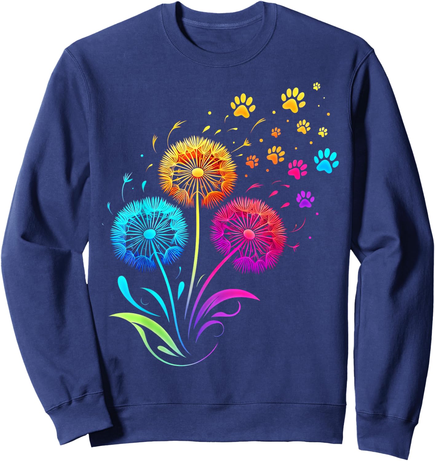 Cute Dog Paw Sunflower Dandelion Colorful Flowers Dog Paw Sweatshirt - Sweatshirt | Navy