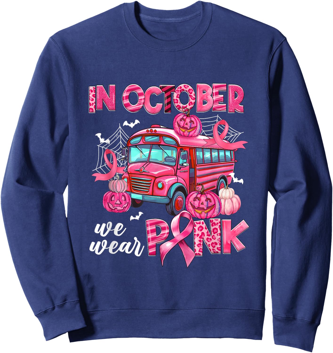 In October We Wear Pink Bus Driver Pumpkin Breast Cancer Sweatshirt - Sweatshirt | Navy