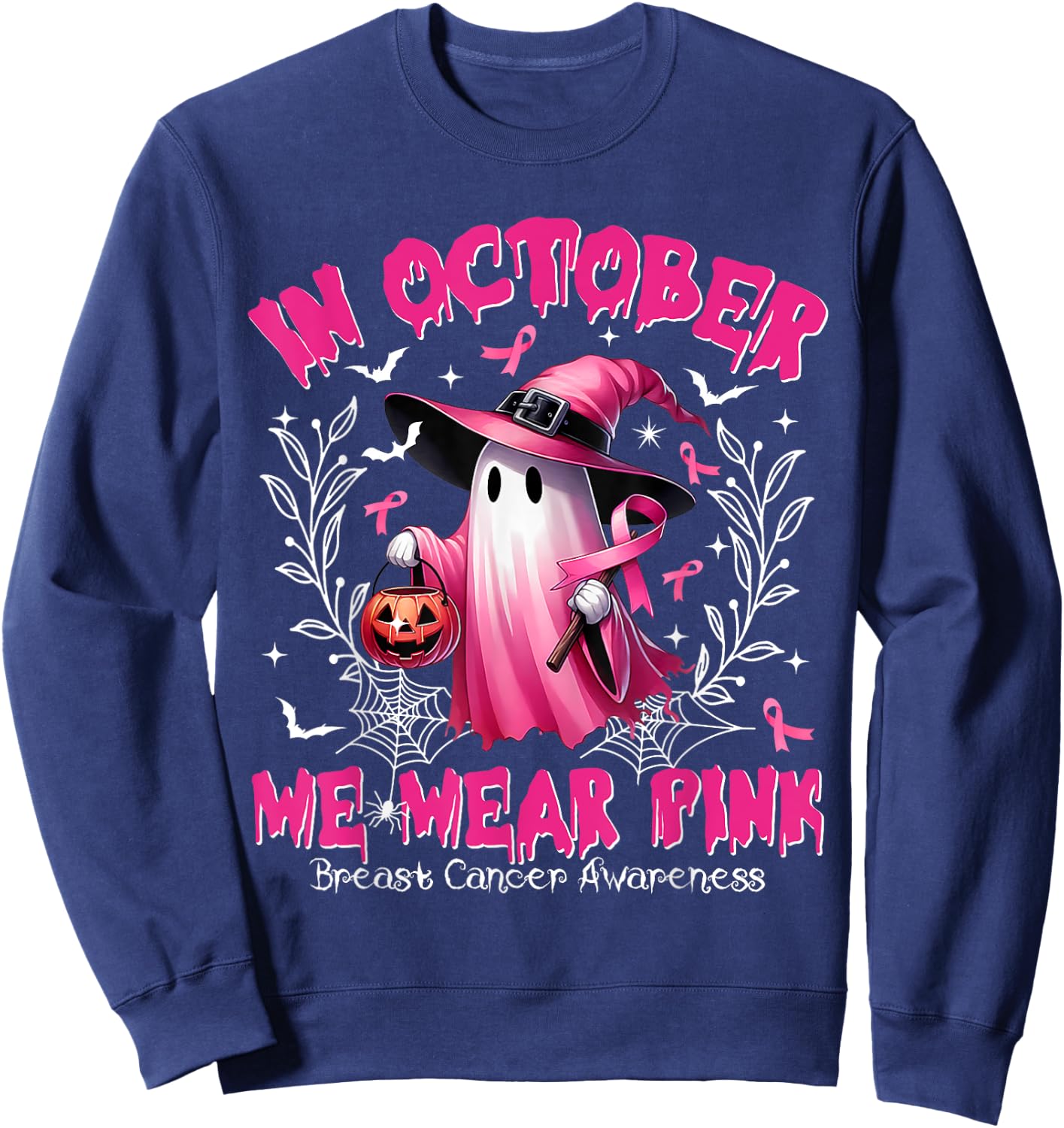 In October We Wear Pink Ghost Witch Breast Cancer Awareness Sweatshirt - Sweatshirt | Navy