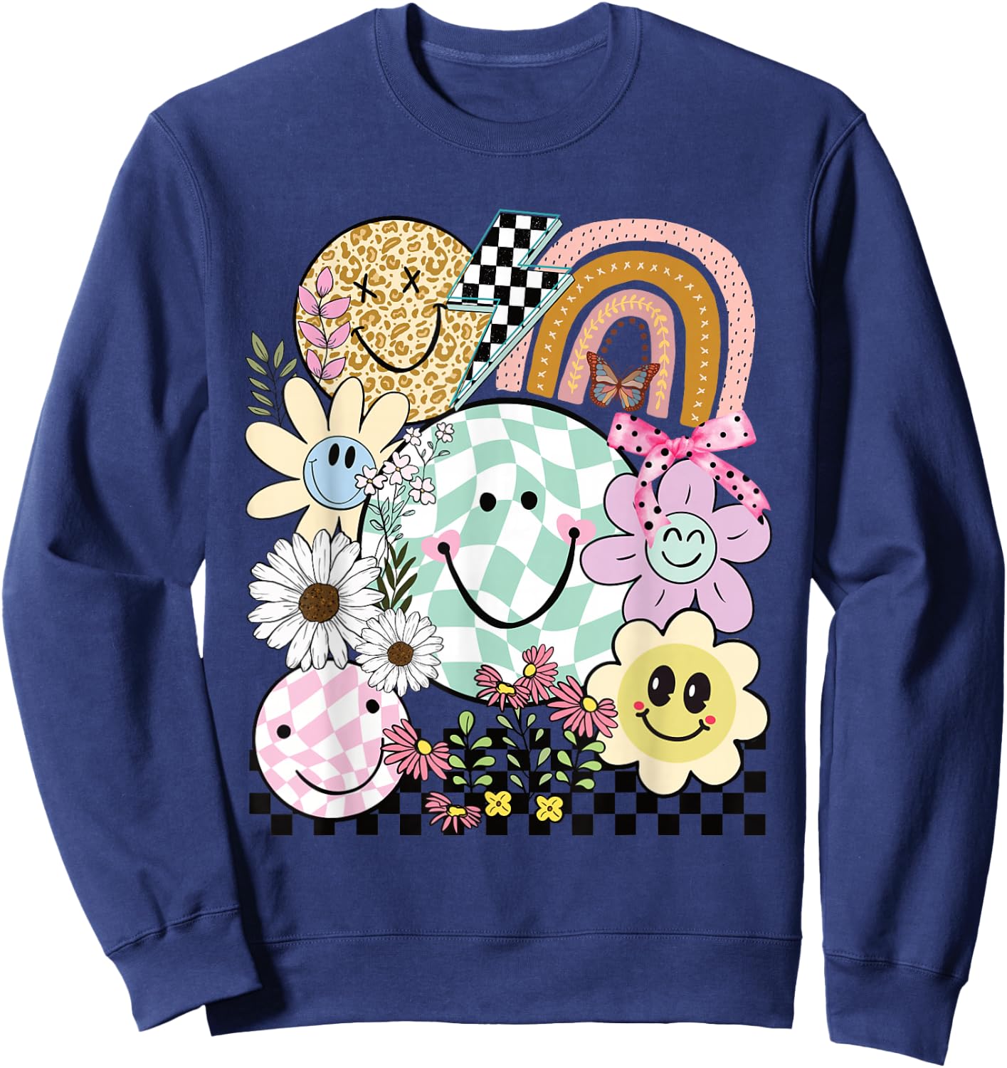 Funny Checkered Happy Smiling Smile Face Daisy Flower Girl Sweatshirt - Sweatshirt | Navy