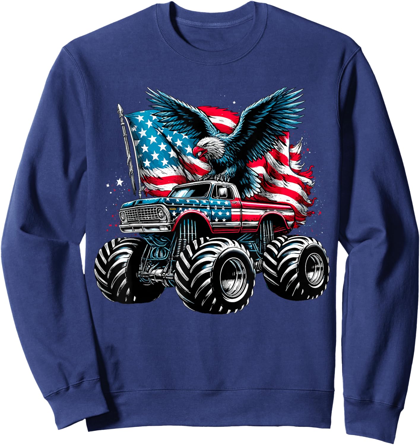 Monster Truck Bald Eagle 4th of July Boys American Flag Sweatshirt - Sweatshirt | Navy