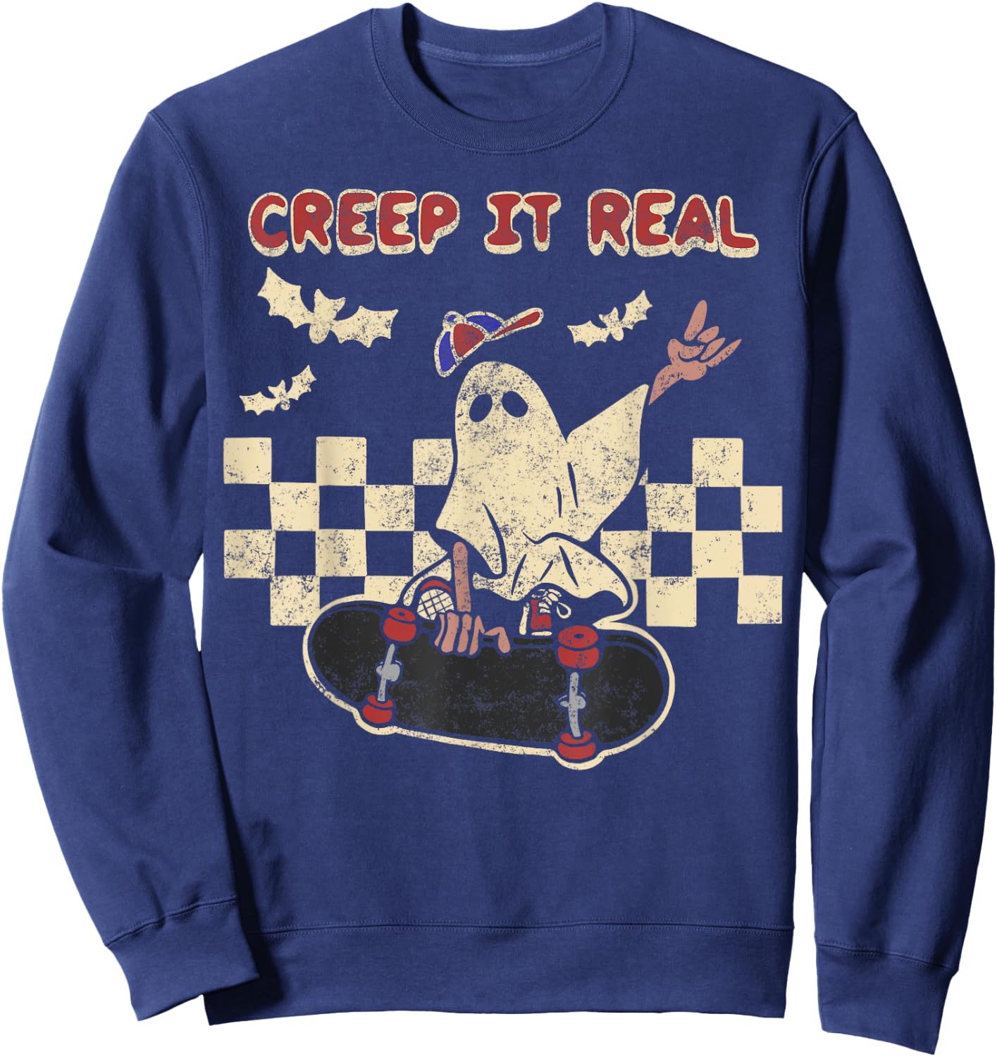 Halloween Boy Girl Retro Creep It Real Ghost on Skateboard Sweatshirt - Sweatshirt | Navy